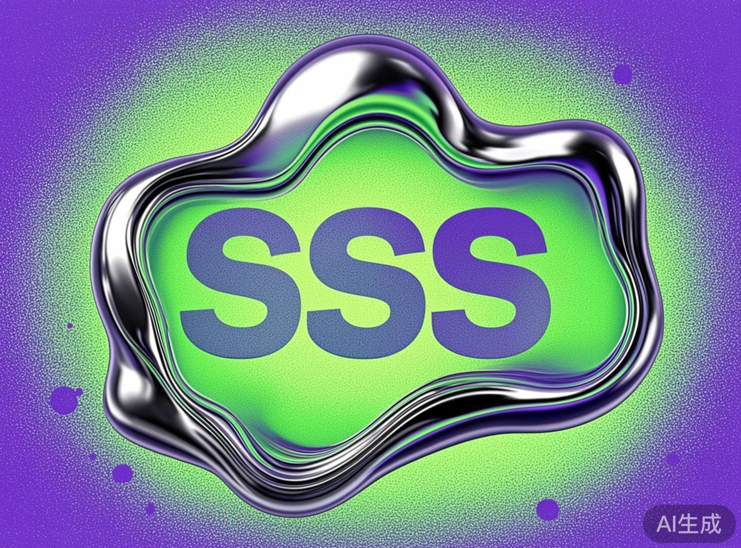 图中展示了一张具有现代感和液态金属风格的抽象设计图。画面的核心是三个并排的紫色大写字母“SSS”，它们位于一个不规则的、具有液态流动感的银色金属边框内。背景采用了鲜明的紫色与亮绿色的渐变对比，并带有细腻的颗粒质感，营造出一种复古又前卫的视觉氛围。银色边框呈现出高光和深色阴影的交替，模仿了水银般的反光质感。在构图上，主体居中，四周散布着一些细小的紫色圆形斑点。作为一张 AI 生成的图片，其缺陷主要体现在银色边框的纹理逻辑上，部分线条的交汇处显得过于杂乱，缺乏真实的物理透视感，且字母“S”的边缘与背景的融合处略显生硬，右下角还带有明显的“AI生成”水印文字。