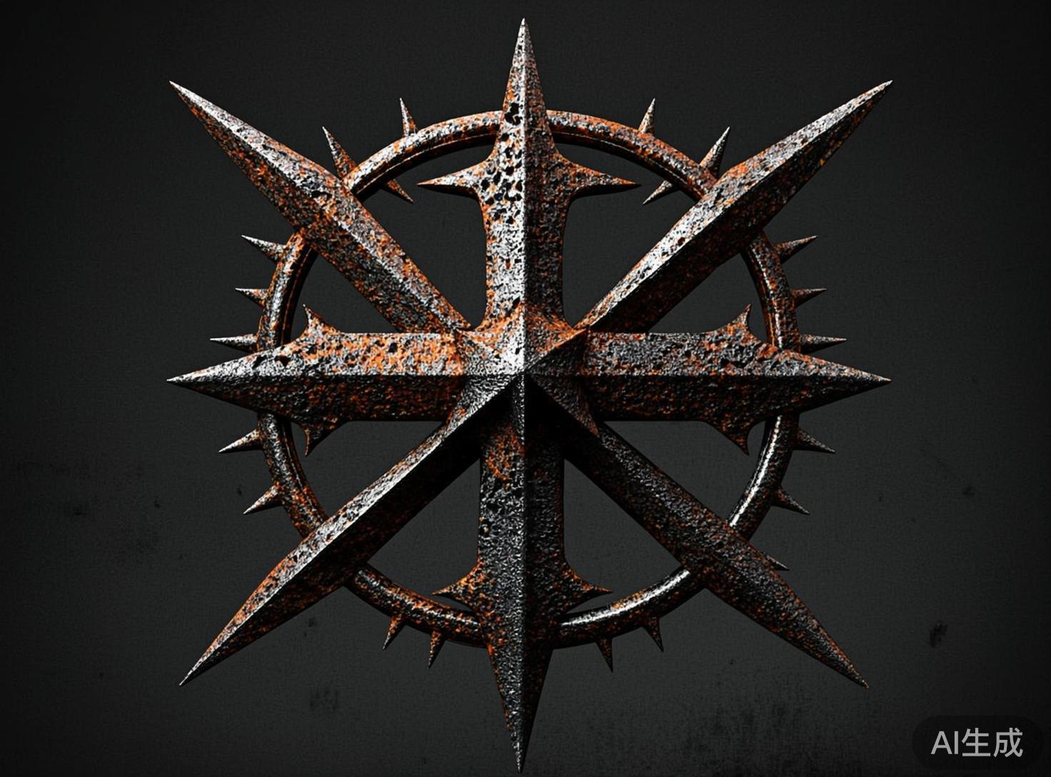图中展示了一个位于深灰色背景中央的金属材质符号，其造型结合了八角星与圆环的元素，呈现出一种古老且带有侵蚀感的视觉风格。该符号由八根粗壮的尖刺从中心向四周放射，上方覆盖着一个带有细小尖刺的圆环。整体色调以深铁灰色为主，表面布满了橙褐色的铁锈斑块和凹凸不平的蚀刻纹理，质感沉重且粗犷。构图采用正面对称视角，光线从斜上方照射，在物体表面形成了明显的明暗对比，增强了立体感。在 AI 生成的细节方面，可以观察到明显的逻辑缺陷：圆环上的细小尖刺分布并不均匀，且圆环与主星形连接处的透视关系略显混乱，部分线条在交汇处出现了不自然的融合或断裂，使得物体的几何结构在严谨性上有所欠缺。右下角带有白色的“AI生成”字样。