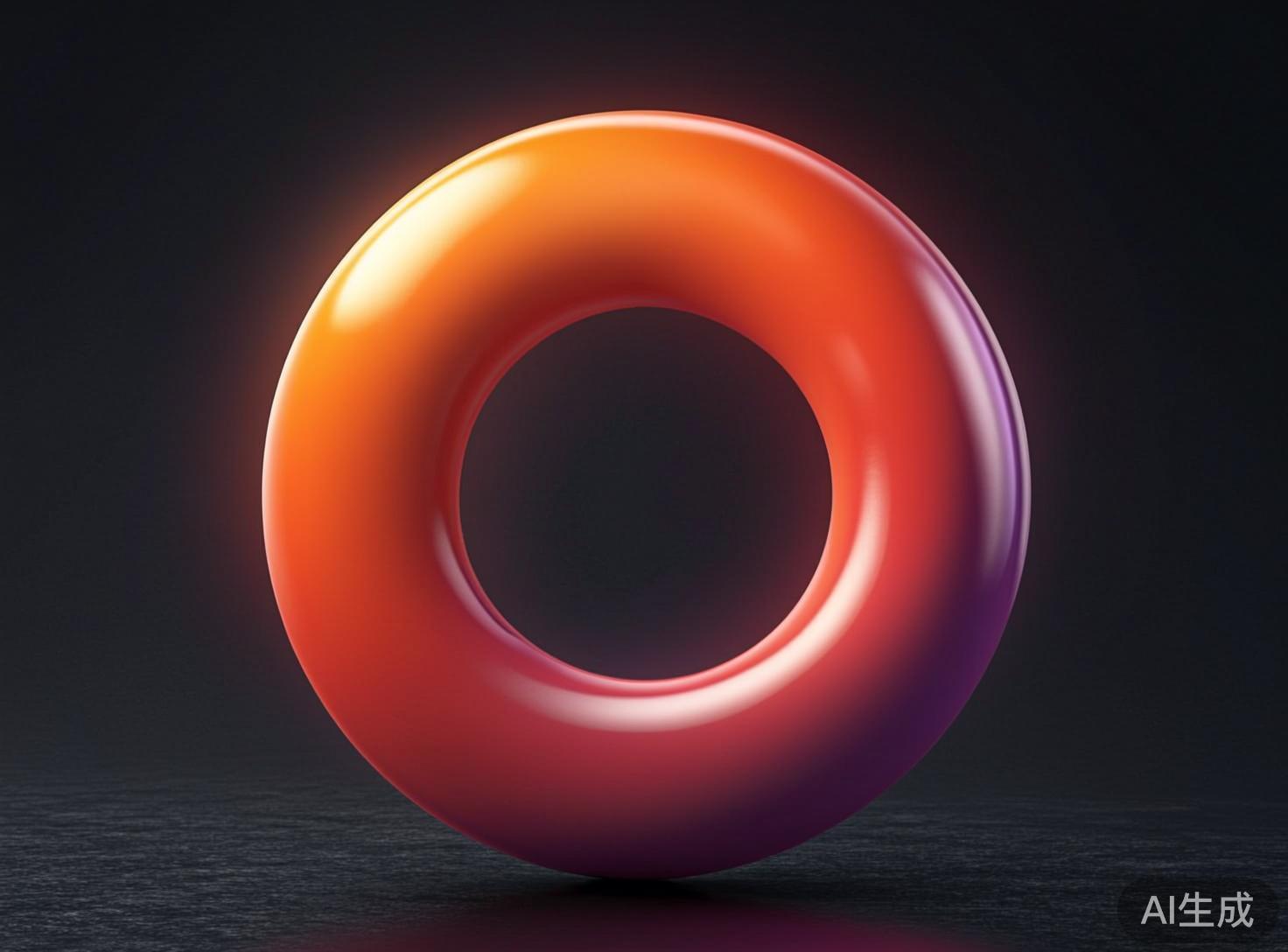 图中展示了一个巨大的、具有金属质感的圆环体，它垂直立在一个深灰色的粗糙平面上。圆环的色彩呈现出绚丽的渐变效果，从左上方的明亮橙黄色平滑过渡到右侧的深紫红色，表面极其光滑，反射着柔和的白色高光，呈现出一种类似陶瓷或高级塑料的质感。背景是纯净的深黑色，这种极简的构图使得彩色的圆环在视觉上非常突出。在画面的右下角，有清晰的白色“AI生成”字样。从 AI 生成的角度来看，这张图片的质量较高，光影过渡自然，但在圆环底部与地面的接触点处，阴影的处理略显生硬，缺乏真实的物理压痕感，且圆环右侧边缘的紫色反光在纯黑背景下显得有些过于锐利，略微欠缺环境光的自然融合。