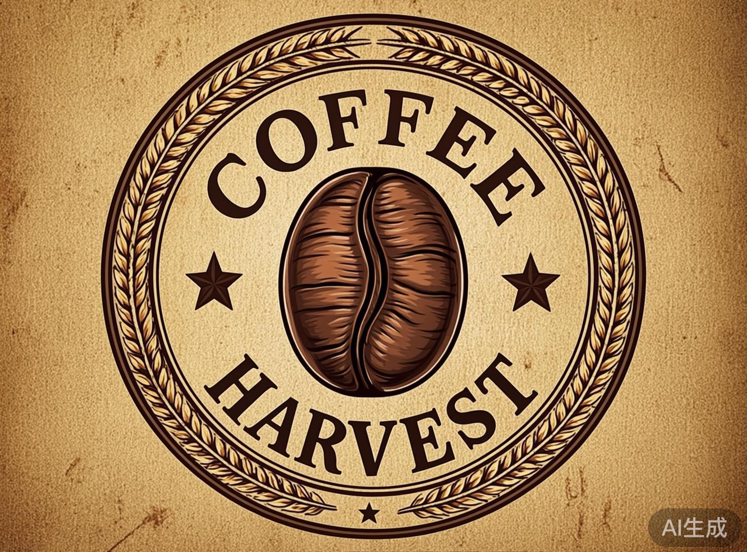 图中展示了一个复古风格的圆形咖啡标志，背景是带有磨损质感的浅褐色牛皮纸纹理。标志中心是一颗巨大的深褐色咖啡豆，刻画了细腻的纹理和中间的裂缝。咖啡豆上方弧形排列着粗体英文字母“COFFEE”，下方则是对应的“HARVEST”。圆环边缘由两圈麦穗状的装饰纹样包裹，左右两侧各有一颗五角星。整体色调以棕褐色、奶油色和黑色为主，营造出一种怀旧的农业丰收感。在 AI 生成的细节方面，存在明显的逻辑缺陷：外圈的麦穗纹理在顶部和底部的交接处显得生硬且不对称，左右两颗五角星的形状略有歪斜，且咖啡豆中间的S型裂缝线条过于平滑，缺乏自然果实的随机感，部分字母的边缘也存在轻微的锯齿状不平整。