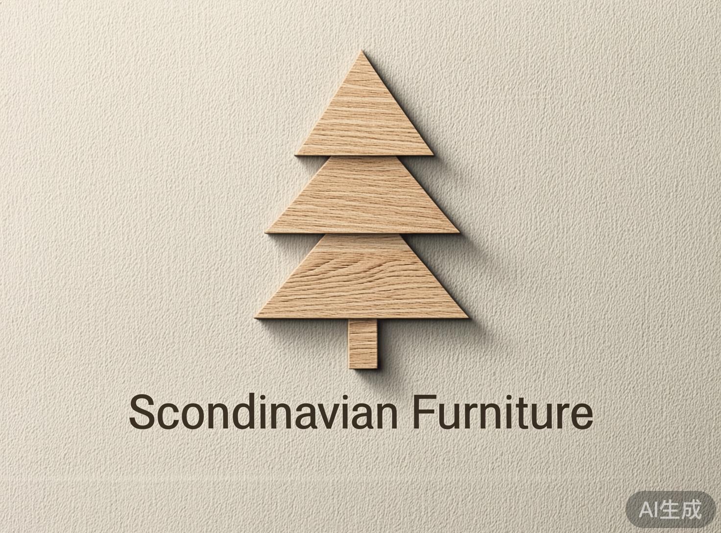 图中展示了一张极简风格的品牌设计图。背景是具有粗糙纹理的米白色墙面，画面中心是一个由浅色原木材质构成的几何形松树标志。这棵树由三个叠放的等腰三角形和一个矩形树干组成，木材纹理清晰可见，呈现出自然的橡木色调。树木右侧投射出淡淡的阴影，营造出立体的浮雕效果。在标志下方，排列着深褐色的无衬线字体。整体色调柔和、自然，传递出一种北欧家居的简约美感。然而，画面中存在明显的 AI 生成缺陷：下方的文字拼写错误，将“Scandinavian”（斯堪的纳维亚）误拼写为了“Scondinavian”，缺少了一个字母“a”。此外，最下方三角形右侧的投影与木块边缘的衔接略显生硬，不够自然。