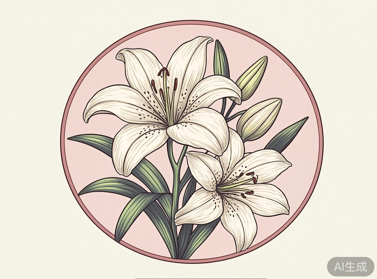 图中展示了一幅复古插画风格的百合花卉图。画面中心是一个圆形的粉色背景框，框内绘有两朵盛开的白色百合花和几个含苞待放的花蕾。花瓣呈现出柔和的米白色，边缘带有细腻的阴影，花蕊部分点缀着深褐色的斑点。绿色的叶片修长且富有质感，环绕在花朵周围。整体色调淡雅，采用了清晰的黑色线条勾勒轮廓，具有一种装饰画的艺术美感。在 AI 生成的细节方面，存在一些逻辑异常：位于上方的百合花中心，花蕊的生长位置略显杂乱，部分花丝似乎直接从花瓣表面长出，而非汇聚于花心深处；右侧的花蕾与茎部的连接处透视关系不够自然，显得有些生硬。此外，部分叶片的尖端在穿插叠放时，边缘线条出现了轻微的断裂或模糊。
