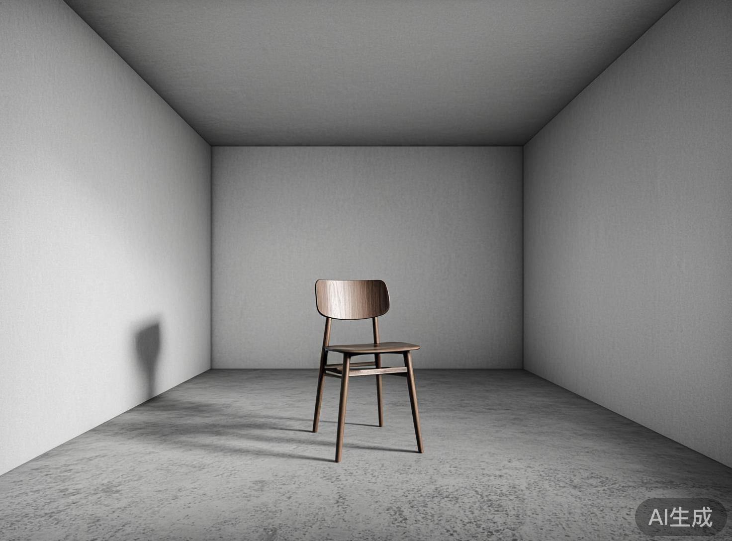 图中展示了一个极简主义风格的室内场景。画面中心是一把深棕色的木质靠背椅，它静静地伫立在一个空旷、封闭的矩形房间内。房间的墙壁和天花板呈现出冷淡的浅灰色，带有细微的磨砂质感，地面则是粗糙的灰色水泥地。光线似乎从左前方射入，在椅子的右后方地面和左侧墙壁上投射出深长的阴影，营造出一种孤独且略显压抑的氛围。构图上采用了中心对称的透视法，视线汇聚在房间尽头的白墙。作为 AI 生成的图像，画面存在明显的逻辑缺陷：椅子在左侧墙壁上的投影形状与椅子本身的轮廓完全不符，看起来更像是一个模糊的瓶状物或人影；此外，地面上的阴影线条杂乱且破碎，与单一光源的物理规律相悖，呈现出一种超现实的违和感。