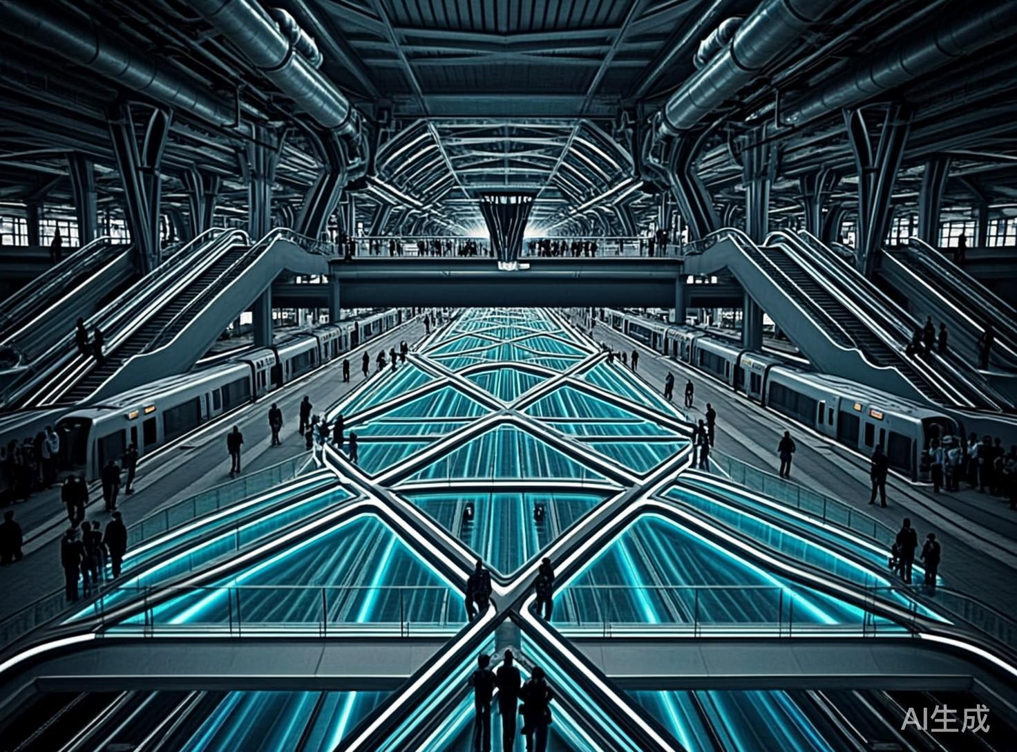画面中展示了一个充满未来科技感的巨型室内交通枢纽，整体色调以冷峻的深灰色和明亮的荧光蓝为主。构图呈现极强的对称性，视角从高处俯瞰。中心区域是交错的几何形发光通道，散发着青蓝色的光芒，行人如剪影般穿梭其间。两侧停靠着银灰色的长途列车，上方设有数条巨大的自动扶梯，通往更高层的平台。天花板布满了复杂的工业管道和金属支架，营造出一种宏大且压抑的赛博朋克氛围。

在 AI 生成的细节方面存在明显缺陷：画面中部的行人剪影非常模糊，部分人物的肢体残缺或与背景融合；两侧的列车车窗分布不均，透视逻辑混乱；自动扶梯的台阶纹理模糊不清，且扶梯与平台的连接处缺乏合理的物理支撑。此外，远处的背景元素重复感严重，缺乏真实的细节深度。