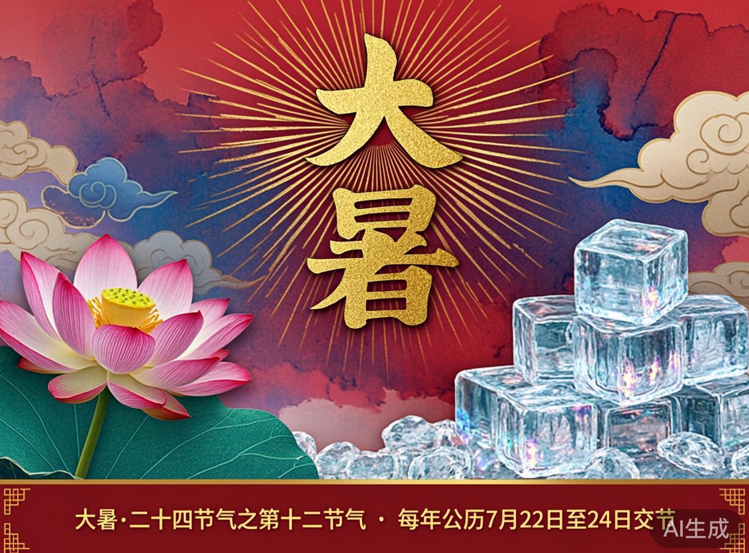 画面中是一张以中国传统节气“大暑”为主题的装饰海报。背景采用红蓝交织的晕染风格，伴有金色线条组成的放射状光芒和古风祥云。画面中心是两个巨大的金色书法字体“大暑”，字体带有金属质感。左下角盛开着一朵粉红色的荷花，花瓣层叠，花蕊金黄，下方衬托着一片硕大的绿叶。右下角堆叠着数块晶莹剔透的方形冰块，散发着阵阵凉意。底部有一条深红色横幅，写有关于大暑节气的文字介绍。在 AI 生成的细节方面，存在明显的逻辑缺陷：右侧的冰块虽然质感逼真，但堆叠方式违反物理常识，部分冰块边缘模糊并与背景云雾生硬融合；左侧荷花的花瓣边缘过于锐利，且花茎与叶片的连接处显得不够自然；背景的金色光芒线条在穿过文字时分布不均，部分线条出现了断裂或扭曲。