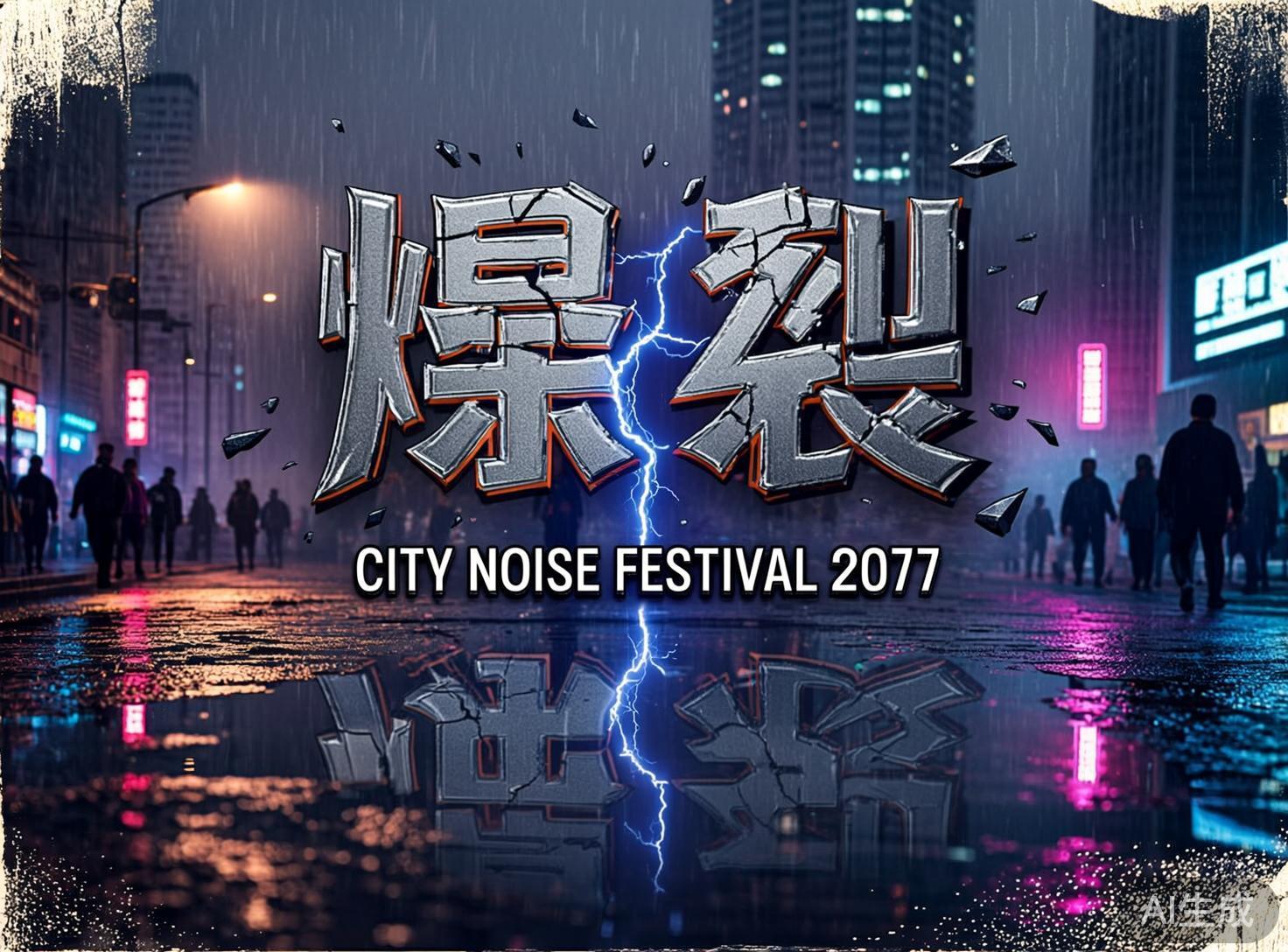 图中展示了一个充满赛博朋克风格的雨夜都市街景。画面中心是巨大的、带有金属质感和裂纹的中文词语「爆裂」，字形硬朗，周围伴随着飞溅的碎石，一道亮蓝色的闪电从两个字中间垂直劈下。下方印有白色英文字样「CITY NOISE FESTIVAL 2077」。背景是潮湿的街道，地面布满积水，倒映着霓虹灯光和文字的影子。街道两旁有模糊的行人背影，远处是高耸的现代化建筑，色调以深蓝、冷灰为主，点缀着粉色和橙色的霓虹灯光。

画面存在明显的 AI 生成缺陷：首先，文字倒影与实物不符，积水中的「爆裂」二字倒影结构混乱，并未呈现出真实的镜像对称，且闪电的倒影位置也发生了偏移。其次，背景中的行人群体比例失调，部分人物的肢体轮廓模糊且不自然，与地面的衔接处显得生硬。此外，画面左上角的边缘处理带有类似笔刷的粗糙白边，与整体写实风格略显脱节。