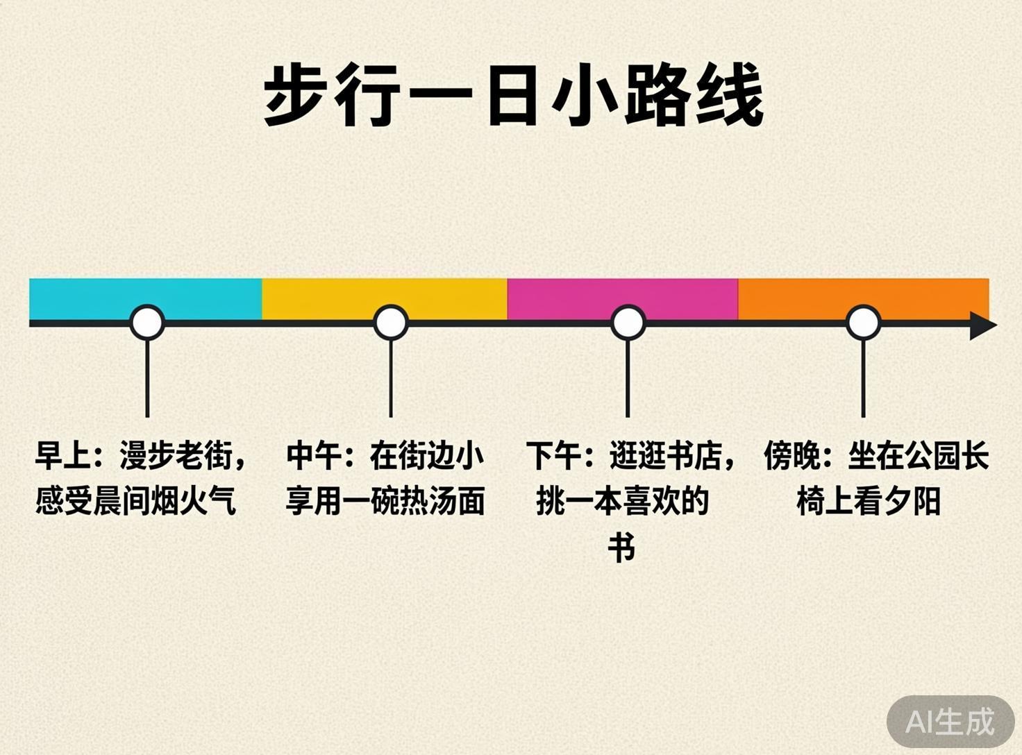 画面中是一张以米白色为底色的图文海报，主题为“步行一日小路线”。海报上方是醒目的黑色标题。画面中心横贯着一条带有箭头的黑色时间轴，时间轴上方被分为蓝、黄、粉、橙四个色块，分别代表一天的四个时段。每个色块下方对应一个白色圆点，并垂下一条细线指向下方的文字说明。文字内容从左至右依次描述了早晨漫步老街、中午吃汤面、下午逛书店、傍晚看夕阳的行程。整体设计简洁清晰，色彩明快。在图片的右下角有一个灰色的椭圆形标签，标注着“AI生成”字样。作为 AI 生成的图表，画面中存在一些细微的排版瑕疵：第三个时间点（下午）下方的文字排版略显拥挤，且文字与上方细线的对齐位置不够精准，导致视觉重心略有偏移，但并不影响整体信息的阅读。