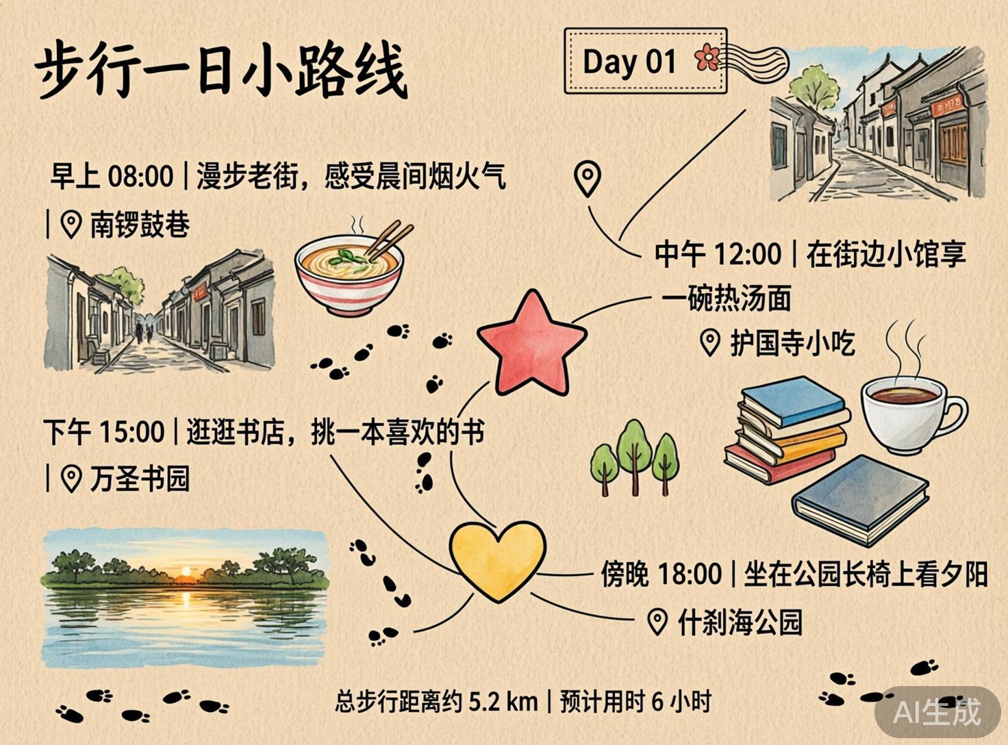 画面中是一张米黄色背景的“步行一日小路线”旅游攻略图，采用了手绘插画风格。图片左上角写着黑色标题，右侧有一个标有“Day 01”的邮票装饰。路线包含了四个时间点：早上8点在南锣鼓巷漫步，配有灰瓦白墙的老街插画；中午12点在护国寺小吃吃面，画有一碗热气腾腾的汤面；下午15点在万圣书园看书，配有堆叠的书籍和咖啡杯；傍晚18点在什刹海公园看夕阳，展示了一幅湖面日落的水彩画。画面中央用虚线足迹、红色五角星和黄色爱心连接起这些地点，底部标注了总距离约5.2公里。

作为一张 AI 生成的图片，画面存在明显的逻辑和细节缺陷：右下角明确标注了“AI生成”字样。画面中的文字虽然大体可读，但部分笔画略显生硬。最明显的 AI 痕迹在于插画细节：例如右上角老街插画中的建筑透视关系混乱，线条重叠；中间的汤面插画中，筷子的比例和插入碗中的角度显得不自然；书籍插画的边缘模糊，且咖啡杯的把手形状略显扭曲。此外，背景中的足迹分布逻辑较为随意，并不代表真实的地理路径。