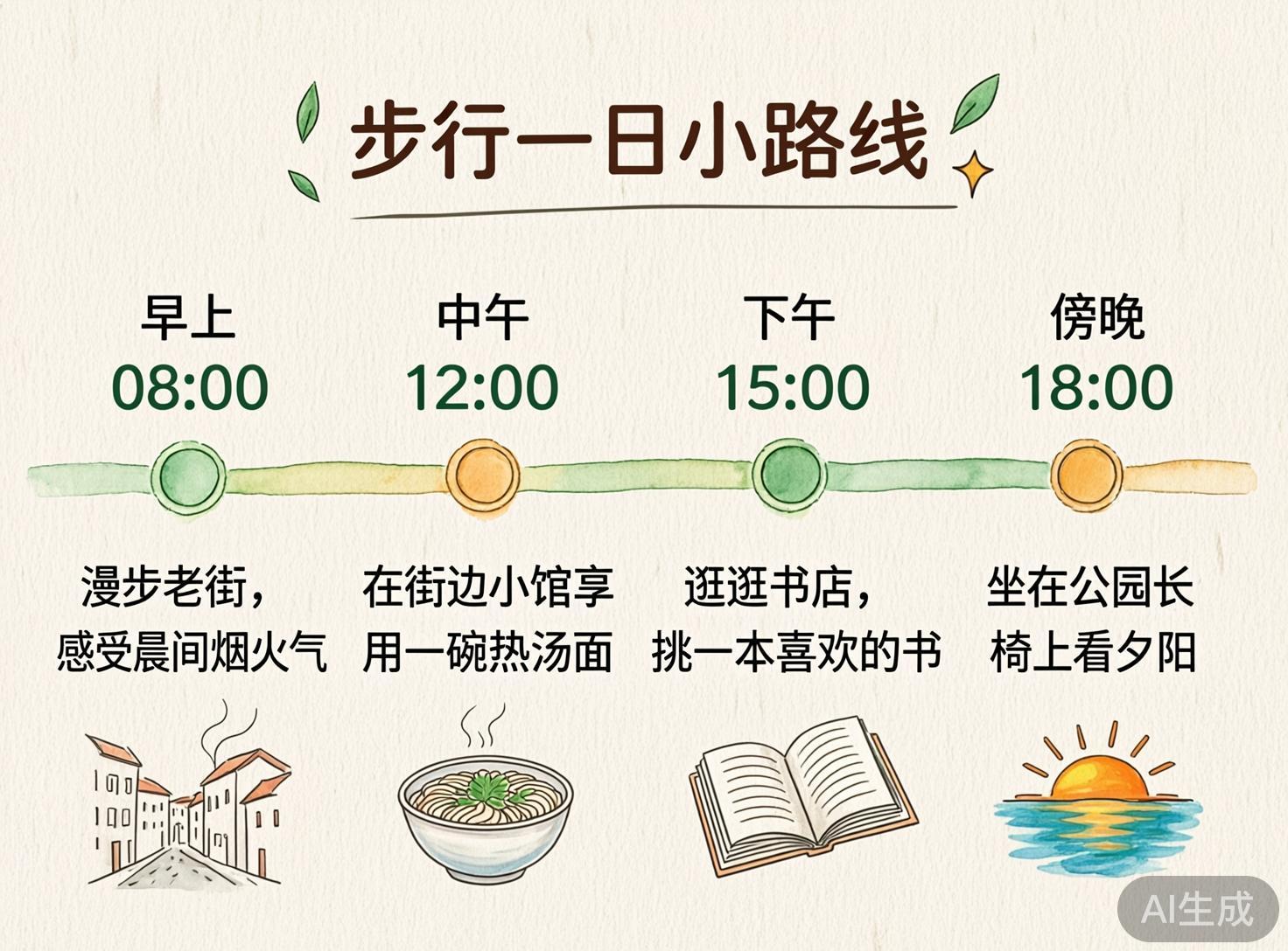 图中展示了一张以“步行一日小路线”为主题的日程规划图，整体采用清新简约的水彩手绘风格，背景为米白色的纸张纹理。画面顶部是棕色的标题文字，两侧点缀着绿叶。中心位置有一条横向的彩色时间轴，串联起四个时间点：早上08:00、中午12:00、下午15:00和傍晚18:00。每个时间点下方都配有相应的活动描述和简笔画插图，分别是：老街建筑、一碗热汤面、一本翻开的书以及海面落日。色调以清新草绿和温暖的橘黄色为主，视觉感受轻松愉悦。在AI生成缺陷方面，画面底部的文字出现了明显的截断问题，最右侧的“坐在公园长椅上看夕阳”中，“长”字后的文字未能完整显示；此外，时间轴右端的线条延伸显得有些生硬，落日插图中的海浪线条略显杂乱，且右下角带有明显的“AI生成”水印标签。