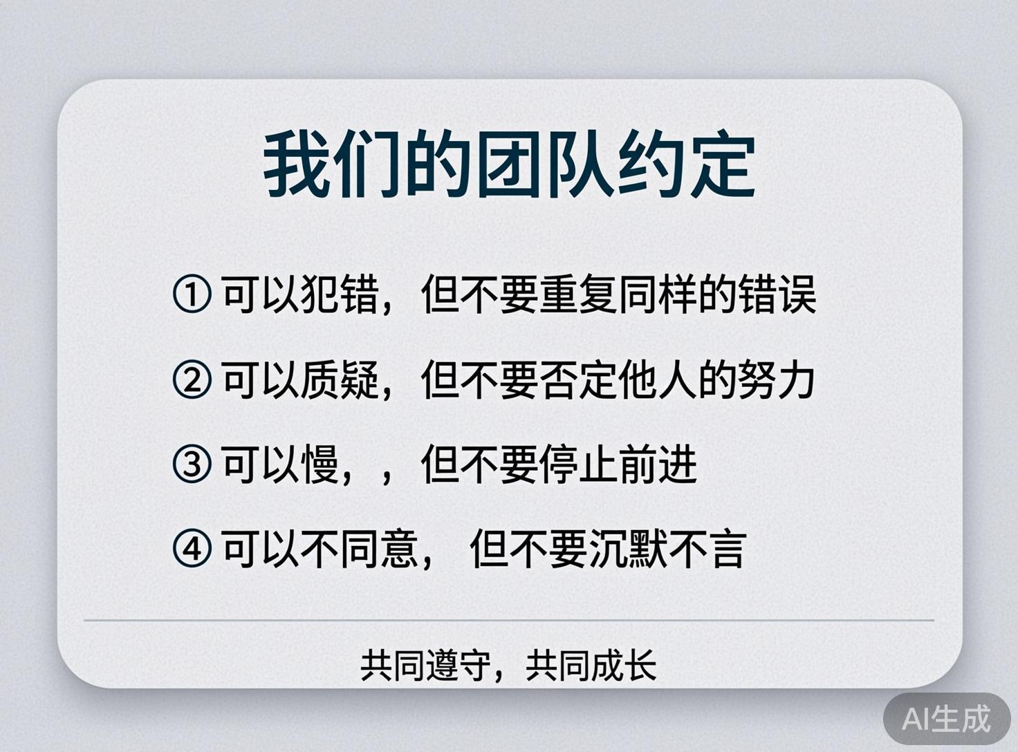 图中展示了一张浅灰色圆角矩形卡片，背景为带有细微颗粒感的淡灰色。卡片上方居中书写着深蓝色的标题“我们的团队约定”。标题下方列出了四条编号准则，内容涉及允许犯错、质疑、行动缓慢和持不同政见，但强调不要重复错误、否定他人、停止前进或保持沉默。卡片底部有一条细横线，下方写着“共同遵守，共同成长”。整体构图简洁，色彩以蓝黑白为主，视觉风格稳重。

画面中存在明显的 AI 生成缺陷：首先，在第三条准则“可以慢”之后，出现了两个连续且位置偏移的逗号，属于典型的排版逻辑错误；其次，文字的字体粗细不完全统一，部分笔画边缘略显模糊；最后，图片右下角带有明显的“AI生成”半透明水印标签，提示了其技术来源。
