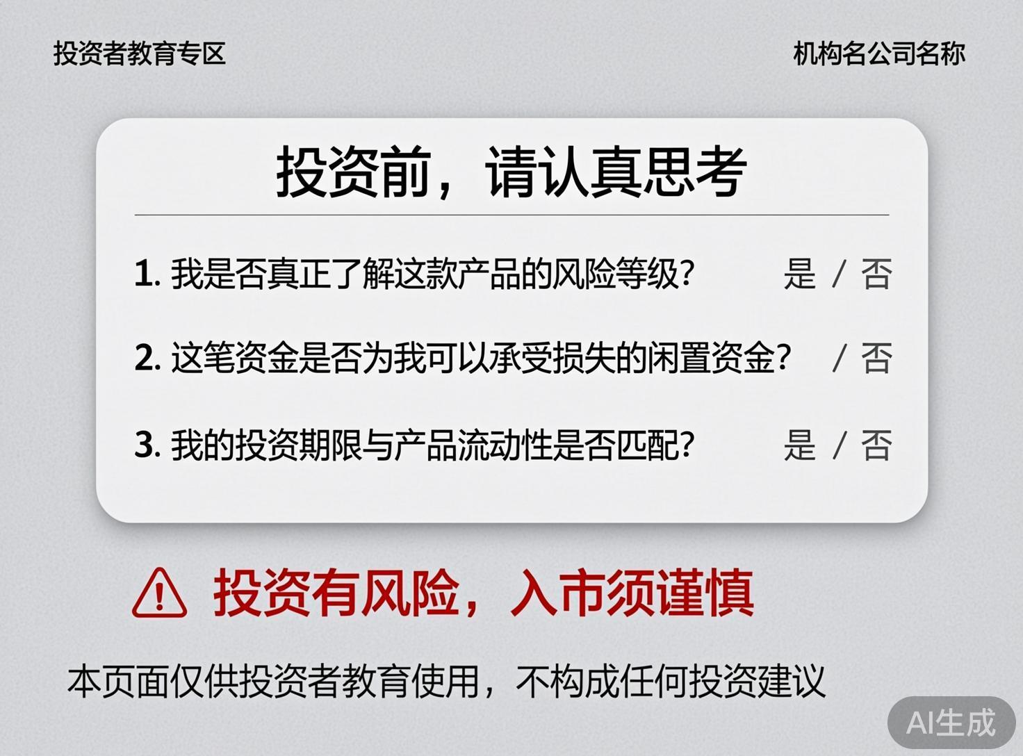 图中展示了一张以“投资者教育”为主题的宣传海报。背景为浅灰色的磨砂质感，中心位置有一个圆角矩形的白色半透明卡片。卡片上方印有黑色大标题“投资前，请认真思考”，下方列出了三个关于风险评估的自测问题，每个问题右侧都配有“是 / 否”的选择项。海报顶部左右两侧分别写有“投资者教育专区”和“机构名公司名称”的占位文字。卡片下方有一行醒目的红色警示语“投资有风险，入市须谨慎”，并配有一个红色的三角形感叹号图标。最底部是免责声明。作为一张 AI 生成的图片，画面中的文字排版虽然整齐，但存在明显的逻辑缺陷：第二项问题的选项中缺失了“是”字，仅显示“/ 否”；且右下角的“AI生成”标识略显模糊，整体设计风格较为机械。
