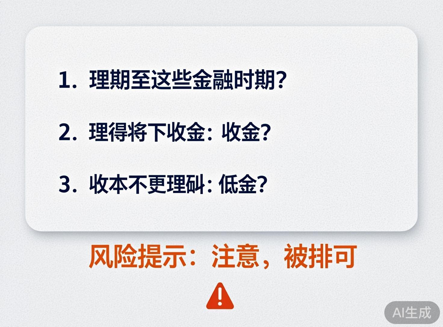 图中展示了一张带有文字信息的提示卡片，背景为浅灰色的颗粒质感纹理。画面中心是一个圆角矩形白色区域，上方排列着三行带有数字编号的黑色文字。下方则是橙红色的风险提示语，配有一个红色的三角形感叹号警告图标。整体构图简洁，模仿了常见的手机截屏或应用弹窗样式，右下角标有淡灰色的“AI生成”字样。

画面中存在明显的 AI 生成缺陷，主要体现在文字逻辑的混乱与错误。虽然字体清晰，但内容完全不符合中文语法和逻辑，例如“理期至这些金融时期？”、“理得将下收金”以及“被排可”等短语，均属于无意义的字符堆砌。此外，部分汉字的笔画结构略显生硬，标点符号的使用也极不规范。这些特征表明该图片是由 AI 尝试模拟中文文本界面时生成的随机结果，并不具备实际的信息传达功能。