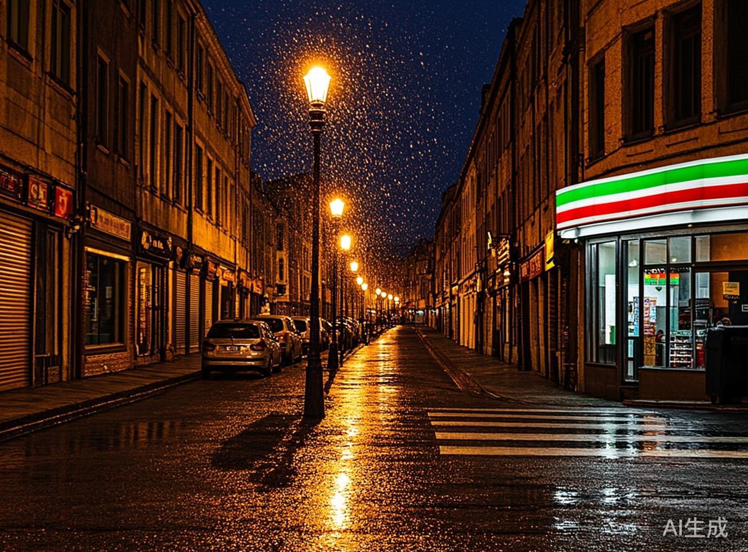 画面中展示了一个宁静而略显清冷的城市街道夜景。视角从街道中心向远方延伸，两侧是整齐的欧式风格建筑，街道两旁停放着几辆轿车。一排复古造型的街灯发出暖黄色的光芒，将湿漉漉的地面映照得波光粼粼，空气中弥漫着细小的雨滴或雪花，在灯光照射下如同闪烁的金色尘埃。右前方有一家亮着灯的便利店，招牌由红、白、绿三色条纹组成。画面整体色调以深蓝色的夜空与橙黄色的灯光形成冷暖对比，营造出一种孤独而深邃的氛围。

在 AI 生成的细节方面，存在一些明显的逻辑缺陷：首先，右侧便利店的招牌虽然配色模仿了 7-Eleven，但完全没有文字，且灯箱的透视角度与建筑墙面略显脱节。其次，街道左侧建筑底层的招牌文字模糊不清，呈现为无法辨认的乱码符号。此外，地面上的斑马线分布不均，且在湿滑路面的倒影中，街灯的投影位置与光源的物理逻辑不完全吻合，远处的街灯排列也显得过于密集且透视关系略微失真。
