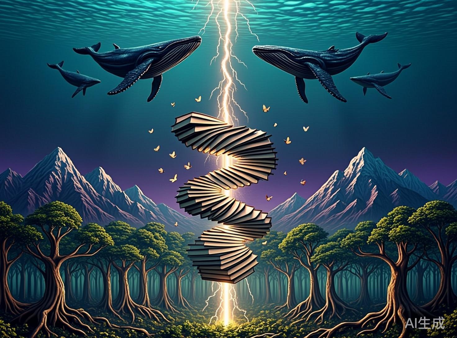 图中展现了一个充满超现实主义色彩的梦幻场景，画面采用了上下对称且垂直延伸的构图。中心位置是一道贯穿天地的金色闪电，闪电周围环绕着呈螺旋状上升的大量书籍，宛如一座书之塔，四周还飞舞着细小的金色蝴蝶。画面上半部分是深蓝色的海洋，四头巨大的座头鲸在水中游弋，波纹清晰可见；下半部分则是陆地景观，近景是根系错综复杂的繁茂森林，远景是连绵起伏的紫色雪山。整体色调在深蓝、紫红与金黄之间交织，营造出一种神秘而宏大的氛围。

在 AI 生成的细节方面，存在明显的逻辑和结构缺陷：首先，书籍的螺旋排列在物理结构上显得非常生硬，部分书册之间缺乏合理的支撑与衔接，像是悬浮的色块；其次，鲸鱼的鳍部线条略显杂乱，且水下环境与下方陆地山脉的交界处过渡极其突兀，缺乏透视上的合理性；最后，森林中树木的根部纹理过于重复且规律化，呈现出一种不自然的数字克隆感。