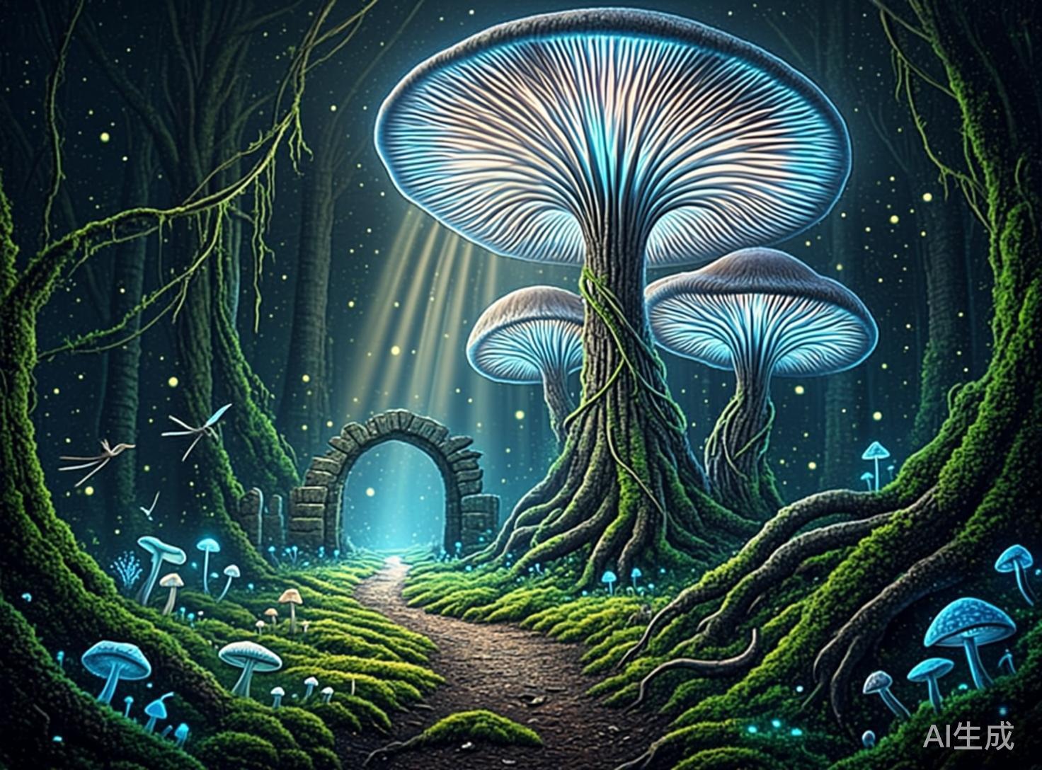 画面中展现了一个充满奇幻色彩的夜晚森林。视觉中心是三棵巨大的发光蘑菇，它们像大树一样耸立，伞盖呈现出明亮的冰蓝色荧光，并带有细腻的放射状纹路。地面铺满了厚厚的绿色苔藓，一条蜿蜒的小径通向远方一个古老的石拱门，门内透出神秘的蓝光。四周点缀着许多细小的蓝色发光蘑菇和如繁星般的金色萤火虫，光影交错，营造出一种梦幻的童话氛围。构图上采用了深景深，引导观众视线穿过森林。作为 AI 生成的图像，画面存在一些明显的逻辑缺陷：左侧空中的飞虫形态扭曲，翅膀与身体的连接不符合生物结构；巨大蘑菇的根部与树木根系混淆，纹理过于机械重复；石拱门的砖块堆叠透视略显生硬，且部分细小蘑菇的生长位置悬浮在苔藓之上，缺乏真实的物理接触感。