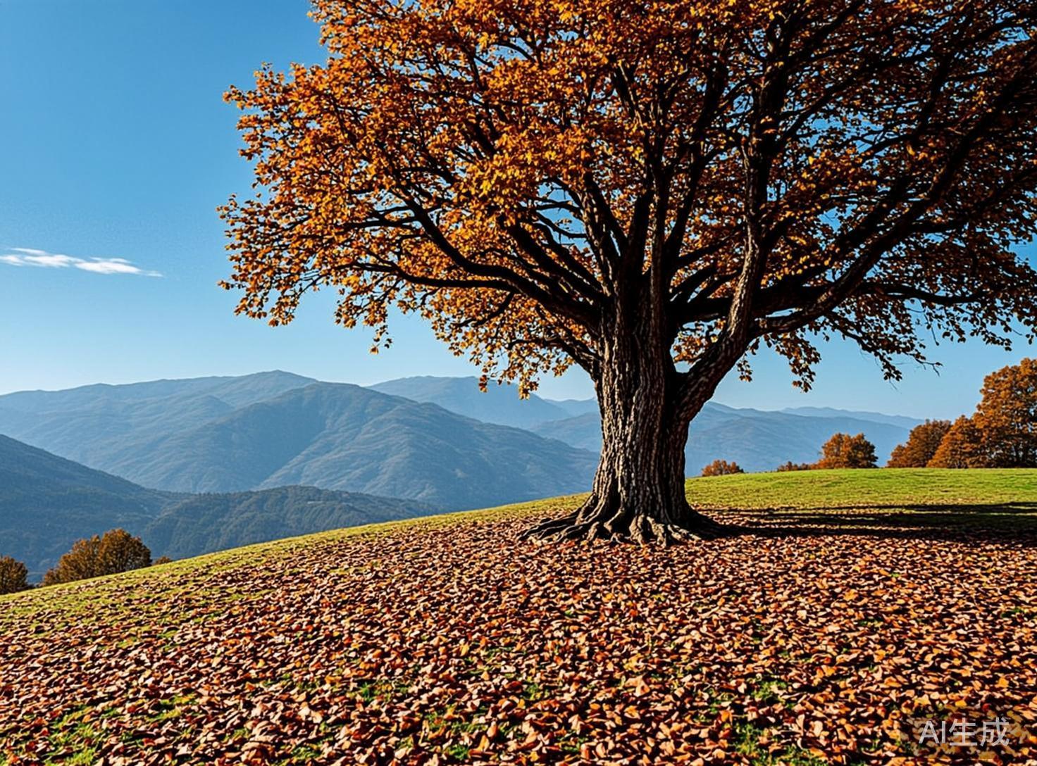 图中展现了一幅宁静的秋日山景。画面主体是一棵巨大的古树，矗立在铺满落叶的草坡上。树冠繁茂，叶片呈现出浓郁的金橙色和棕褐色，在明媚的阳光下显得格外耀眼。树干粗壮，纹理清晰，根部深深扎入土中。背景是连绵起伏的淡蓝色群山，山峦在清澈的蓝天下显得深邃而辽阔。地面上，厚厚的枯叶如地毯般覆盖了近景的草地，光影交错，勾勒出树影的轮廓。

画面中存在一些明显的 AI 生成缺陷：首先，树枝的生长逻辑略显混乱，部分细小枝干在交汇处出现了不自然的融合或断裂；其次，地面上的落叶虽然密集，但缺乏个体形态的差异，看起来像是一层重复的纹理贴图；最后，右下角隐约可见模糊的“AI生成”字样水印，且该区域的草地与落叶边缘处理得不够自然，存在一定的像素涂抹感。