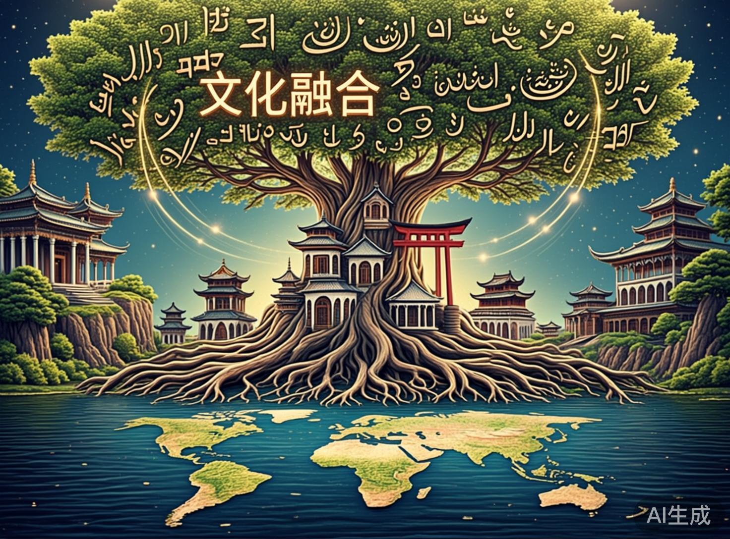 画面中展示了一幅充满奇幻色彩的文化融合主题插画。一棵巨大的生命之树矗立在画面中央，其粗壮的根系深深扎入下方如水面般的蓝色世界地图中。树干上巧妙地融合了多种风格的建筑，包括中式亭台楼阁和红色的日式鸟居。树冠繁茂，绿叶间漂浮着金色光圈，环绕着“文化融合”四个中文字样，以及许多类似阿拉伯语或其他古老文字的金色符号。背景是宁静的星空，两侧点缀着依山而建的东方古典建筑。

作为 AI 生成的图片，画面存在明显的逻辑与细节缺陷：树冠中的金色符号大多是无意义的乱码，并非真实的文字；树干与建筑的连接处透视关系混乱，建筑像是生硬地嵌入木质纹理中；下方的世界地图轮廓极不准确，各大洲的形状严重变形且比例失调；远处的建筑细节模糊，结构呈现出一种不自然的扭曲感。整体色调以金、绿、蓝为主，营造出一种宏大但缺乏现实逻辑的视觉效果。