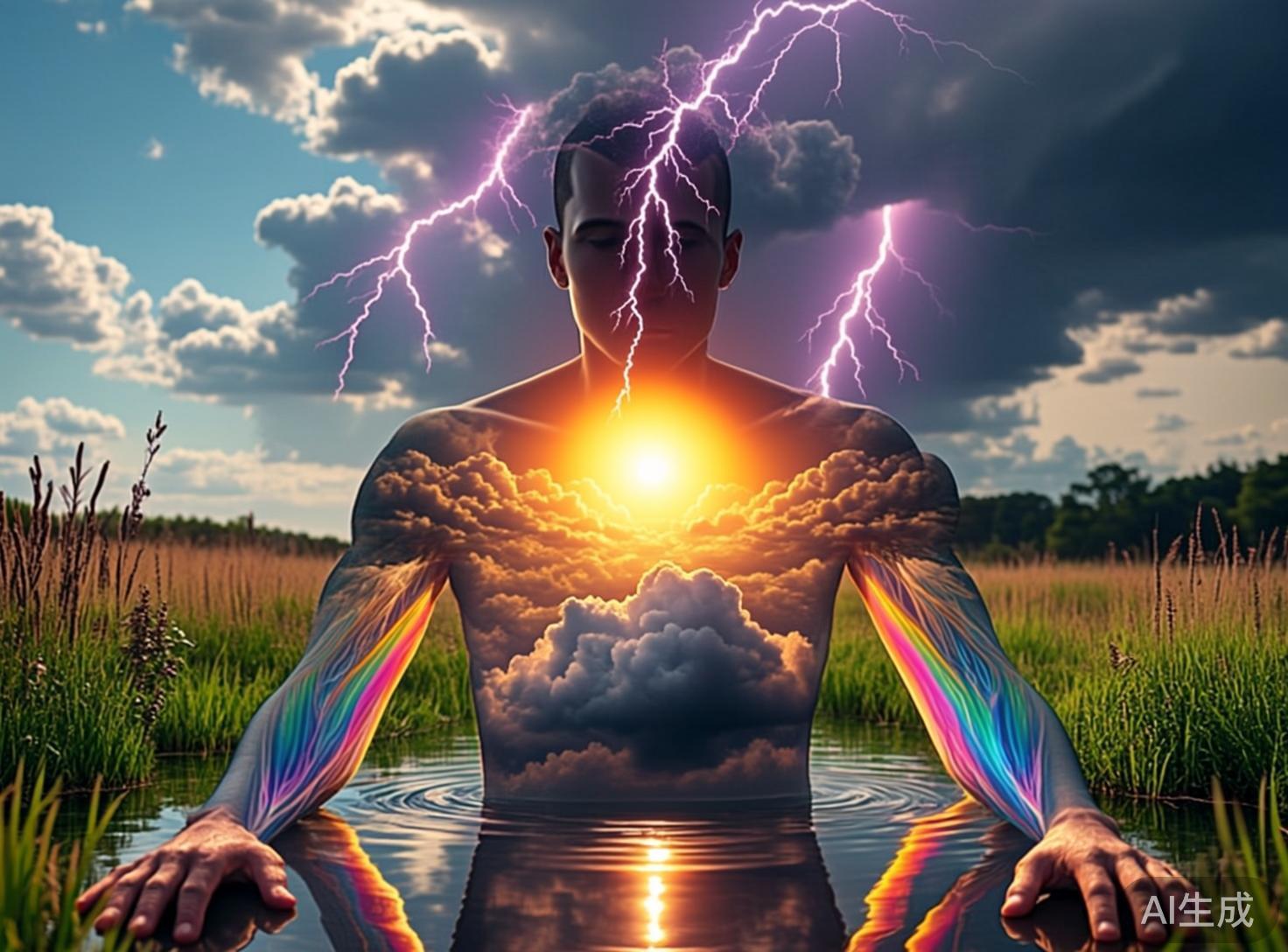 画面中呈现了一个充满超现实主义色彩的奇幻场景。一名赤裸上身的男子半身浸泡在平静的水池中，背景是广阔的草地和多云的天空。男子的身体仿佛是一个透明的容器，胸腔内蕴含着壮丽的日落云海，一颗耀眼的金色太阳在中心发光。他的双臂内部流淌着彩虹般的绚丽光束，头顶上方则有数道紫色的闪电劈下，与身体的能量相呼应。构图采用中心对称，色彩对比强烈，融合了自然景观与人体形态。在 AI 生成的细节方面，存在明显的逻辑缺陷：男子的双手按在水面上，但手指的结构显得僵硬且比例失调，尤其是左手（画面右侧）的手指数量和关节连接处显得模糊且不自然。此外，闪电与头部的连接处缺乏物理真实感，水面的倒影虽然存在，但与岸边草丛的衔接处透视略显生硬。