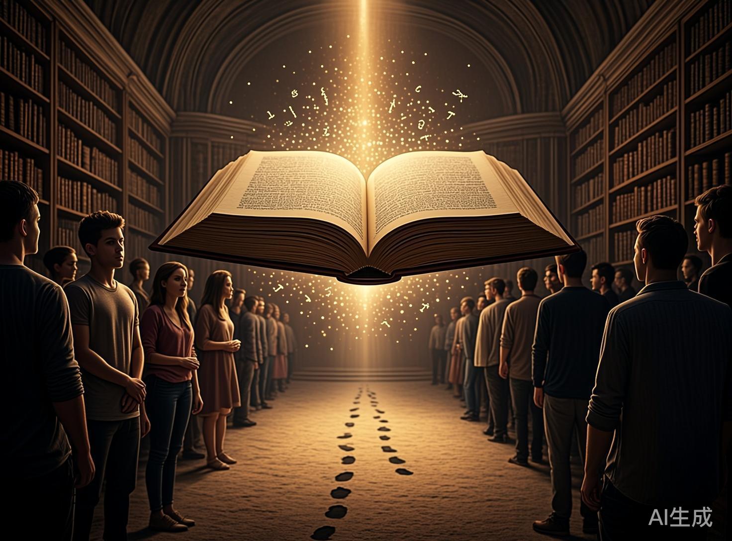 画面中呈现了一个充满奇幻色彩的宏大图书馆场景。构图采用对称透视，两侧是高耸入云、摆满书籍的木制书架，延伸至远处的圆拱形穹顶。画面中央，一本巨大的书悬浮在半空并向两侧展开，书页中迸发出耀眼的金色光芒，无数细小的文字和符号像星尘一样在光束中漂浮。书下方，两排年轻人肃穆地站立在过道两侧，地面上有一串通往光源的黑色脚印。整体色调以温暖的古铜色和金黄色为主，营造出一种神圣而神秘的氛围。

作为 AI 生成的图像，画面存在明显的逻辑缺陷：悬浮巨书的厚度与书页展开的比例不协调，书页上的文字模糊且无实际意义。画面下方的脚印形状不自然，且在没有实体行走的情况下凭空出现。两侧站立的人物面部特征较为模糊且重复感强，部分人物的手部动作僵硬，与环境的阴影融合显得有些生硬。此外，远处的书架细节在透视收缩时出现了线条扭曲。