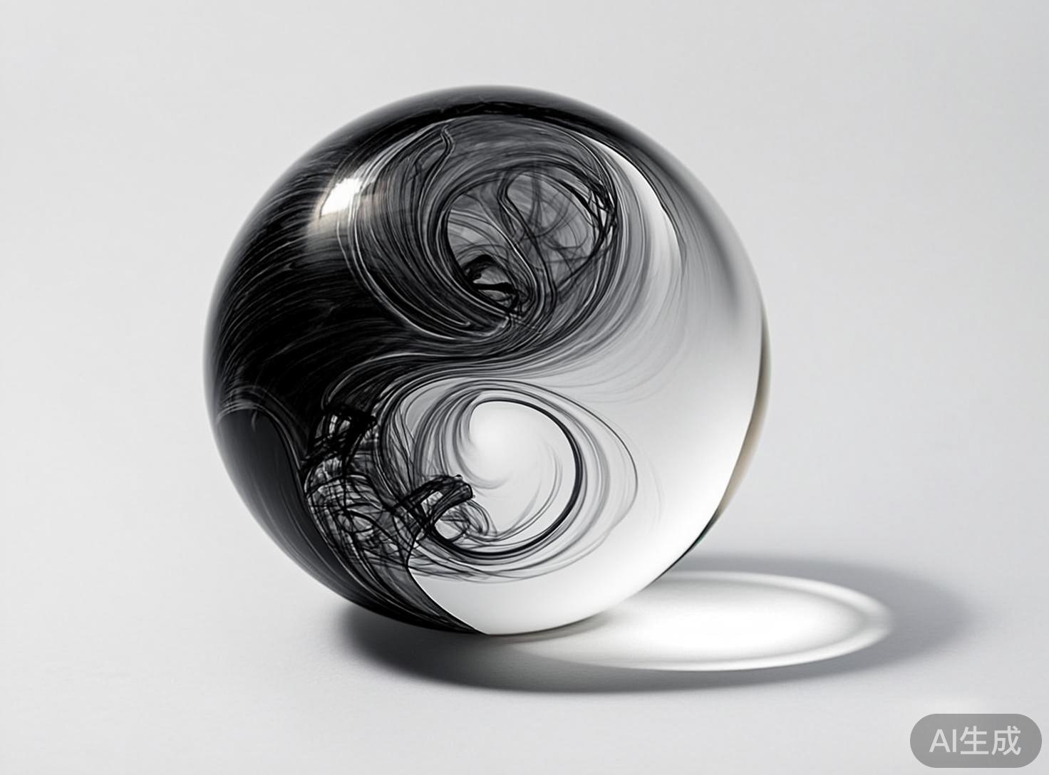 画面中展示了一个晶莹剔透的玻璃圆球，静置在纯净的浅灰色平面上。球体内部封存着黑色的烟雾状物质，这些烟雾在透明的球体内蜿蜒流转，巧妙地构成了中国传统文化中“太极阴阳鱼”的图案。左侧烟雾浓郁深沉，右侧则留出大片透明空间，冷峻的黑白对比营造出一种禅意与现代感并存的视觉效果。光线从右上方照射，在球体表面形成明亮的高光，并在右侧地面投射下一道带有折射质感的椭圆形亮斑。作为一张 AI 生成的图片，其缺陷在于球体内部烟雾的纹理过于细碎且杂乱，缺乏自然流体的平滑感，部分线条呈现出不自然的锯齿状。此外，球体底部的投影与球体本身的接触点衔接略显生硬，右下角的“AI生成”水印也提示了其人工合成的来源。