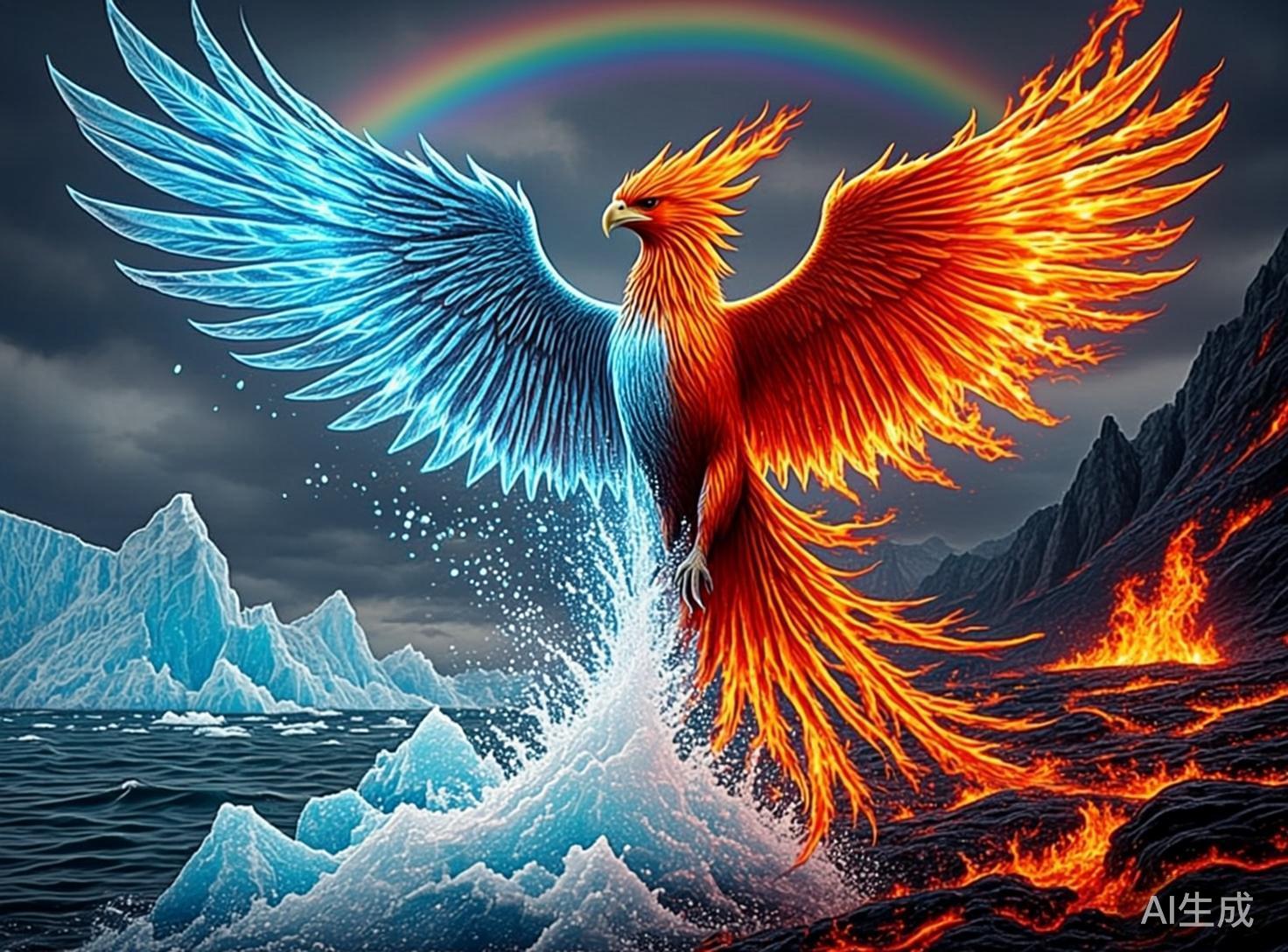 图中展现了一只巨大的神话凤凰，正从冰与火交织的极端景观中腾空而起。画面构图左右对称，左侧是寒冷的极地海洋，漂浮着幽蓝的冰山；右侧是炽热的火山地带，流淌着滚烫的岩浆。凤凰位于画面中心，其身体也呈现出冰火两重天的奇观：左侧翅膀呈晶莹的浅蓝色，羽毛边缘带有冰晶质感；右侧翅膀则是火红与金橘色交织，羽尖仿佛正在燃烧。在阴云密布的背景天空上方，一道绚丽的彩虹横跨天际，连接了冷暖两端。然而，作为 AI 生成的图像，画面存在明显的逻辑缺陷：凤凰的爪子在水花中显得模糊且结构不清，左侧冰山的纹理过于重复且缺乏自然透视，右侧岩浆的流动感与山体结合处显得生硬，且彩虹在如此昏暗的暴雨云背景下显得亮度异常，缺乏真实的光影过渡。