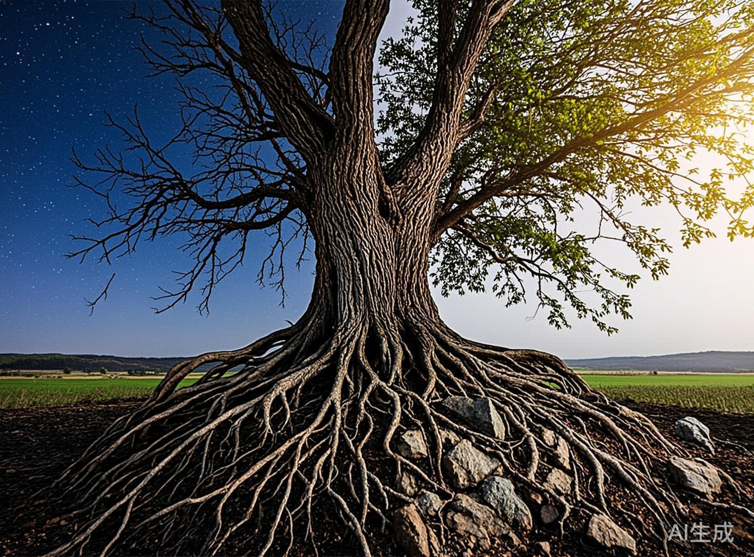 图中展现了一棵极具视觉冲击力的大树，它矗立在广阔的平原之上，呈现出一种超现实的对比美感。画面中心是一株粗壮的古树，其树干纹理深邃，根系如密集的血管般在地面交错蔓延，包裹着碎石。最独特的设计在于树冠的左右分割：左侧是枯萎的秃枝，背景为繁星点点的深蓝色夜空；右侧则长满了翠绿的叶片，沐浴在明亮的金色阳光下。远景是连绵的绿色田野和低矮的山丘。作为 AI 生成的图像，画面存在明显的逻辑与透视缺陷：树根的生长过于密集且规律化，显得不够自然；左右两侧的光影完全割裂，缺乏合理的过渡，且左侧星空的星星分布过于均匀，像是一层贴图。此外，树干中心部分的纹理在分叉处显得有些模糊和错乱，不符合真实植物的生长结构。
