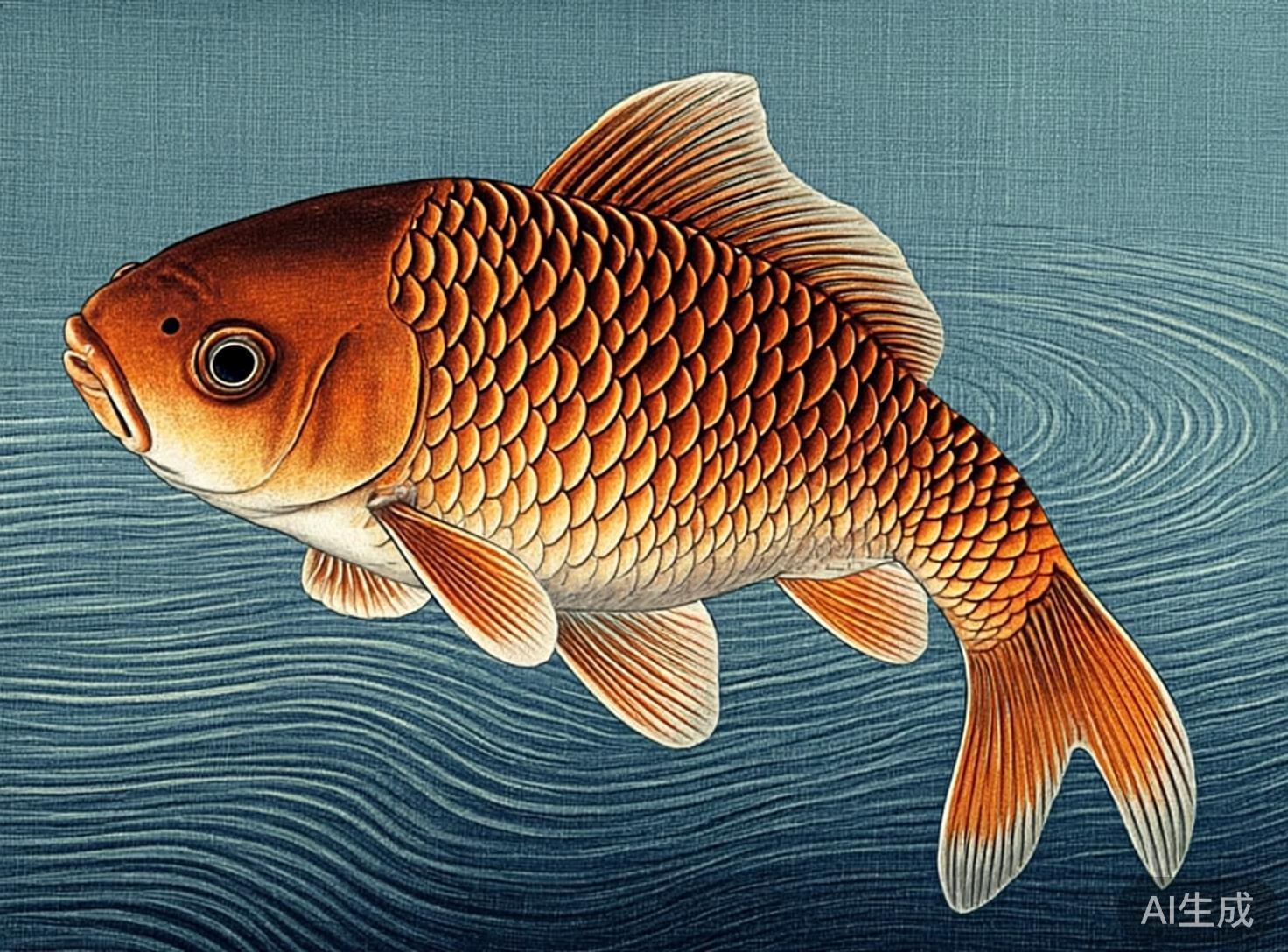 图中展示了一条具有传统工笔画风格的金红色锦鲤，它占据了画面的主体，正向左侧游动。鱼身呈现出鲜艳的橙红色，鱼鳞排列整齐且富有立体感，腹部颜色较浅，趋于米白色。背景是深蓝色的水波纹，细密的线条勾勒出水面的涟漪，整体色调古朴，带有明显的布料或宣纸质感。然而，画面中存在多处 AI 生成的逻辑缺陷：首先，鱼的鳍部构造异常，腹部下方长出了多片重叠且位置不对称的鱼鳍；其次，尾鳍的形状不自然，呈现出分叉且扭曲的状态，缺乏真实的流线感；此外，鱼头部的比例略显僵硬，眼睛上方的黑色圆点位置突兀，不符合真实鱼类的生理结构。这些细节使得这幅画虽然色彩悦目，但在生物解剖逻辑上显得不够严谨。