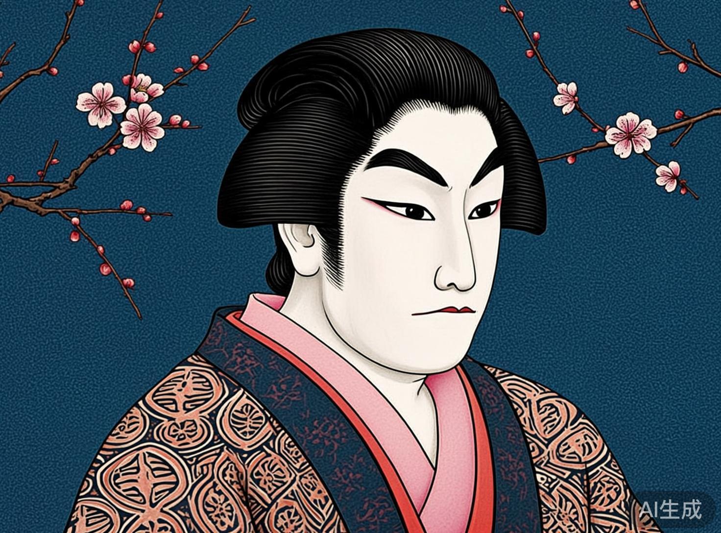 图中展示了一幅模仿日本传统浮世绘风格的人物肖像。画面中心是一位面色惨白、神情严肃的歌舞伎艺人形象，他留着典型的黑色发髻，眉毛粗黑且上扬，眼角点缀着红色妆容。他身穿一件深蓝色底色、带有橙色复杂团花纹样的和服，内衬为粉色和红色。背景是深蓝色的磨砂质感墙面，两侧伸出几枝点缀着粉色花朵的梅花枝条。构图平衡，色彩对比鲜明，具有浓郁的古典韵味。在 AI 生成的细节方面，存在一些明显的逻辑缺陷：人物右侧（画面左侧）的耳朵轮廓显得有些僵硬且结构不自然；和服上的纹样虽然繁复，但在肩膀转折处的图案衔接显得杂乱且不符合织物纹理逻辑；此外，背景中的梅花枝干线条略显生硬，部分花蕾与枝条的连接处处理得不够细腻，呈现出一种数字合成的平滑感。