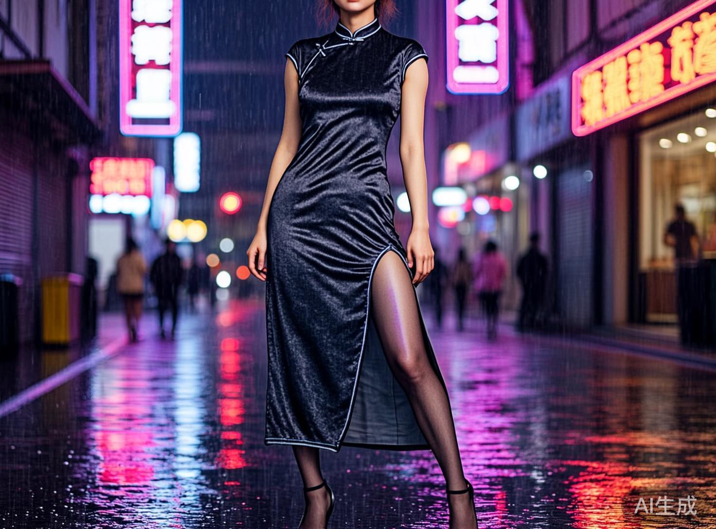 画面中展示了一位身着深色丝绒旗袍的女性，正站在细雨蒙蒙的都市街道中心。她穿着一件带有白色滚边的黑色高开叉旗袍，搭配黑色丝袜和高跟鞋，姿态优雅。背景是充满赛博朋克风格的夜景，街道两旁闪烁着粉色和蓝色的霓虹灯招牌，地面因积水而倒映出绚丽的光影。构图上，人物位于画面正中央，采用中景镜头，头部被截断未完全显示。

作为一张 AI 生成的图片，画面存在几处明显的逻辑缺陷：首先，人物左手的手指线条模糊且比例失调，显得不够自然；其次，背景中的霓虹灯招牌文字均为无法辨认的乱码，属于典型的 AI 文本生成错误；此外，人物右腿与旗袍开叉处的衔接显得有些生硬，且由于透视关系处理不当，人物仿佛悬浮在湿滑的地面上，缺乏真实的重力感。整体色调偏向冷艳的紫红色系，营造出一种科幻而忧郁的氛围。