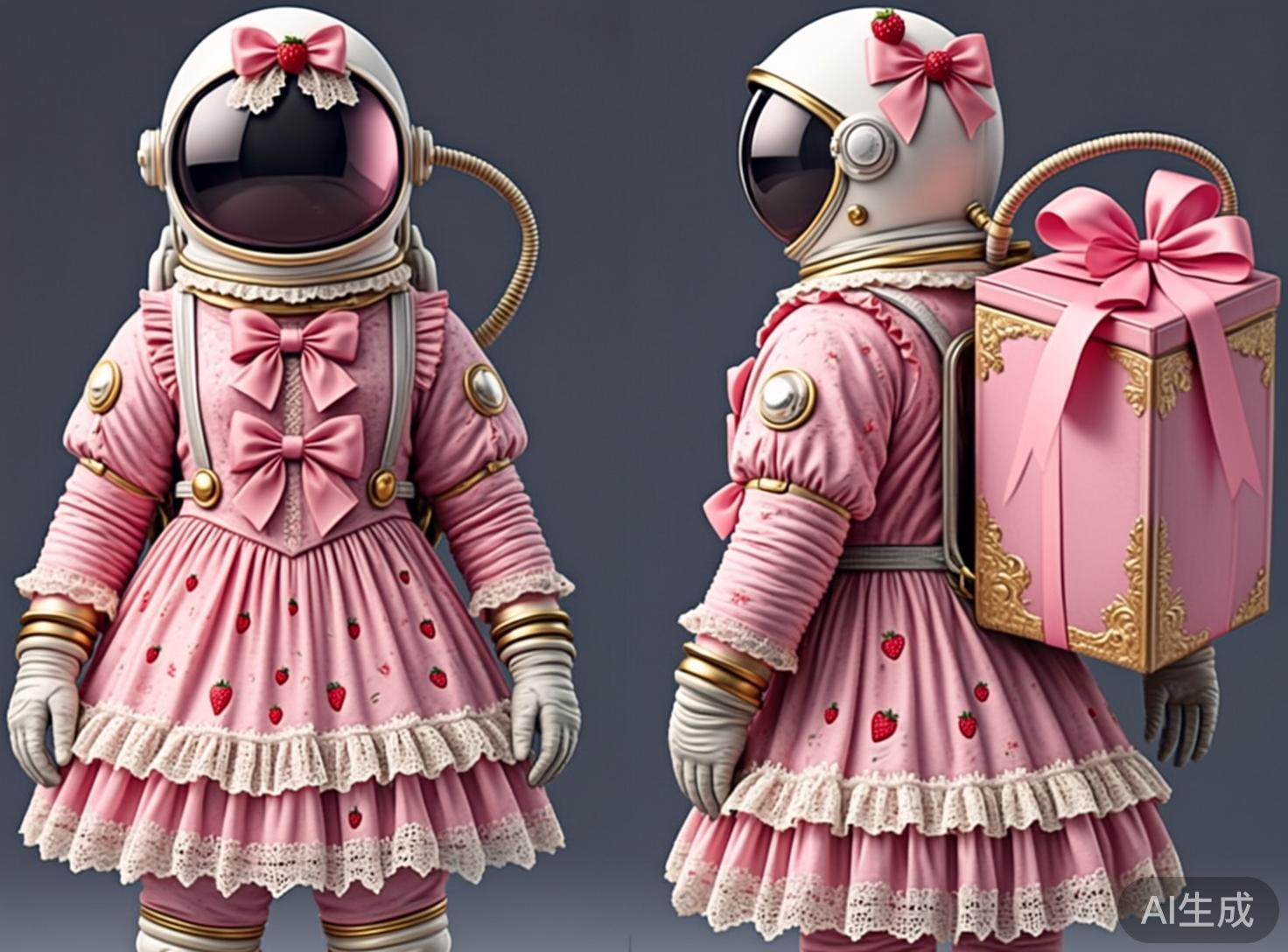 画面中展示了两个穿着粉色草莓主题洛丽塔风格宇航服的角色，呈现出正面和侧后方两个视角。宇航服主体为柔和的粉色，裙摆上点缀着细小的草莓图案，并配有精致的白色蕾丝花边和粉色蝴蝶结。头盔是纯白色的，顶部装饰着带有草莓的蝴蝶结，面罩呈深紫色半透明状。右侧角色的背部背着一个巨大的粉色礼品盒，盒子边缘有金色浮雕装饰，并系着巨大的丝带。背景为纯净的深灰色，突出了角色的甜美与科幻结合的风格。

在 AI 生成的细节方面，存在一些明显的逻辑缺陷：左侧角色的手部手指数量模糊且比例失调；右侧角色的手部直接从礼品盒底部伸出，缺乏合理的身体连接结构。此外，连接头盔的金属软管在空间指向和连接处显得生硬，缺乏真实的物理结构感，礼品盒的透视角度与人物背部的贴合也略显违和。