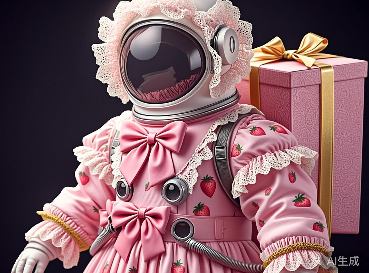 画面中呈现了一个极具创意且风格奇特的宇航员形象，融合了硬核航天装备与甜美的洛丽塔裙装元素。宇航员身穿一套粉色绸缎质感的航天服，上面布满了鲜红的草莓图案，胸前装饰着巨大的粉色蝴蝶结，袖口和领口则镶嵌着精致的白色蕾丝花边。宇航员头戴白色的头盔，面罩呈深色半透明状，头盔边缘还围了一圈夸张的蕾丝装饰，像是一顶婴儿遮阳帽。宇航员背着一个巨大的粉色礼品盒作为氧气背包，上面系着金色丝带蝴蝶结。背景是纯净的深紫色，使主体色彩更加鲜艳夺目。

在 AI 生成的细节方面，存在一些明显的逻辑缺陷：宇航员右手的手指结构模糊且比例失调，看起来像是一团白色的色块；腰部的金属软管连接处缺乏合理的物理结构，直接穿插进布料中；背后的礼品盒与身体的连接带位置生硬，缺乏真实的承重感；头盔面罩内的倒影呈现出杂乱的粉色纹理，不符合真实的光学反射逻辑。