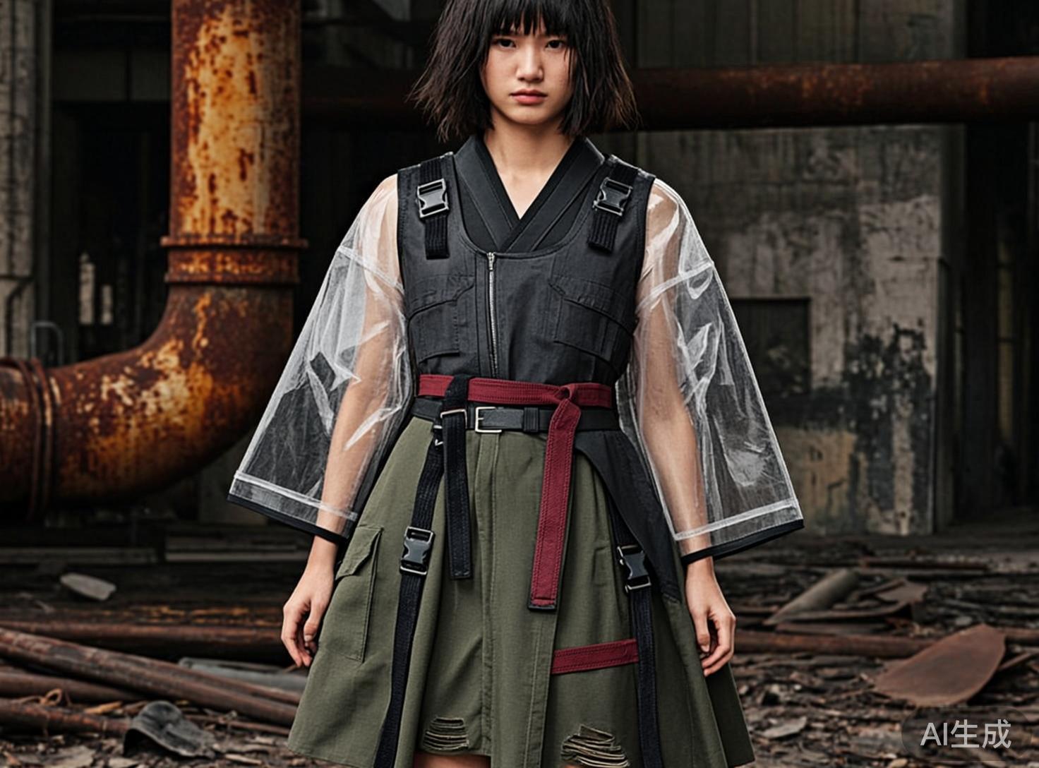 画面中展示了一位留着黑色齐肩短发的年轻亚洲女性，她正站在一个充满工业废墟感的背景前。她身穿一套融合了机能风与传统元素的服装：上半身是黑色拉链背心，配有透明塑料材质的宽大长袖，腰间围着多层红色与黑色的腰带及扣带；下半身穿着带有破洞设计的军绿色工装裙。背景是昏暗的废弃工厂，左侧有一根巨大的锈迹斑斑的橙褐色管道，地面散落着碎石和金属零件。整体色调沉稳，光线柔和。

画面中存在明显的 AI 生成缺陷：首先，人物的双手处理得不够自然，手指线条模糊且比例略显失调；其次，服装上的带子和扣具逻辑混乱，例如腰间的黑色皮带穿过红色布带的方式不符合物理结构，且部分扣带末端凭空消失或与裙子纹理融合；最后，左侧背景中的巨大管道与地面的衔接处透视略显生硬，缺乏真实的阴影过渡。