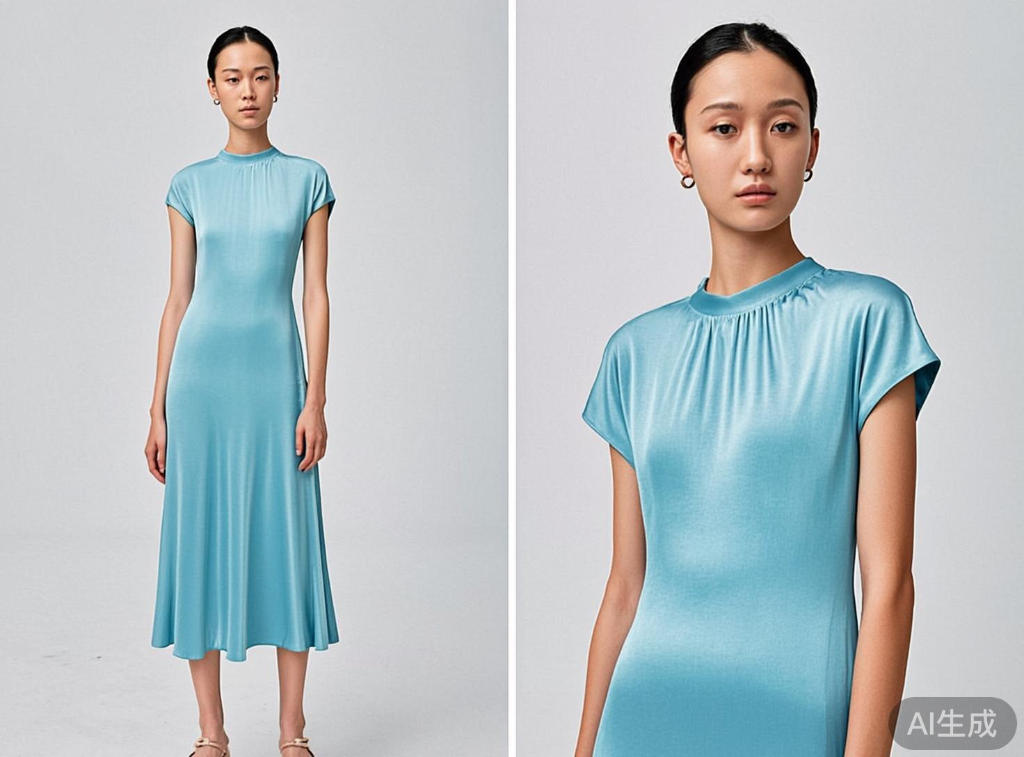 画面中展示了一张拼贴对比图，左侧是全身像，右侧是同一名女性模特的半身特写。模特是一位亚洲女性，面容清秀，梳着整齐的后梳发型，佩戴着小巧的圆形耳环。她穿着一件天蓝色的丝绸质感连衣裙，裙子为小高领设计，领口带有细密的褶皱，短袖剪裁简洁。背景是纯净的浅灰色，整体构图类似于服装画册的排版。

作为 AI 生成的图像，画面存在几处明显的逻辑缺陷：在左侧全身照中，模特的双手自然下垂，但手指的结构显得模糊且不自然，尤其是右手（画面左侧）的手指长度比例失调。此外，模特的双脚部分处理得非常简略，脚趾细节缺失，且脚踝与鞋子的衔接处显得生硬。右侧特写图中，领口的褶皱纹理虽然细腻，但与肩膀的透视关系略显僵硬，缺乏真实布料的重力垂坠感。右下角标有清晰的“AI生成”字样。
