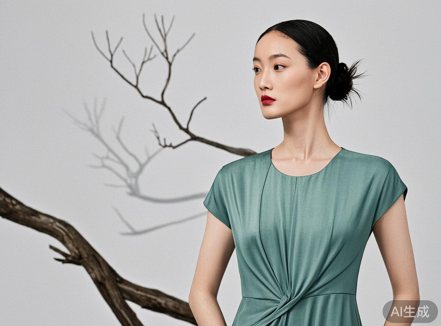 图中展示了一位具有东亚面孔特征的年轻女性，她侧身站立，目光清冷地望向画面左侧。她留着整齐的黑色盘发，妆容精致，涂着深红色的唇膏，身穿一件莫兰迪绿色的短袖连衣裙，裙子在腰部有扭结褶皱设计。背景是极简的浅灰色，左侧有一株形态扭曲、没有叶子的枯木枝干，营造出一种冷淡、高级的时尚大片氛围。构图上，人物位于画面右侧，与左侧的枯枝形成视觉平衡。在 AI 生成的细节方面，存在明显的逻辑缺陷：画面左侧枯枝的阴影投射在虚空中，且阴影的形状与枝干实体并不完全对应，显得不自然；女性的颈部线条过于僵硬且偏长，与肩膀的连接处略显生硬；此外，右下角带有明确的“AI生成”水印标签。