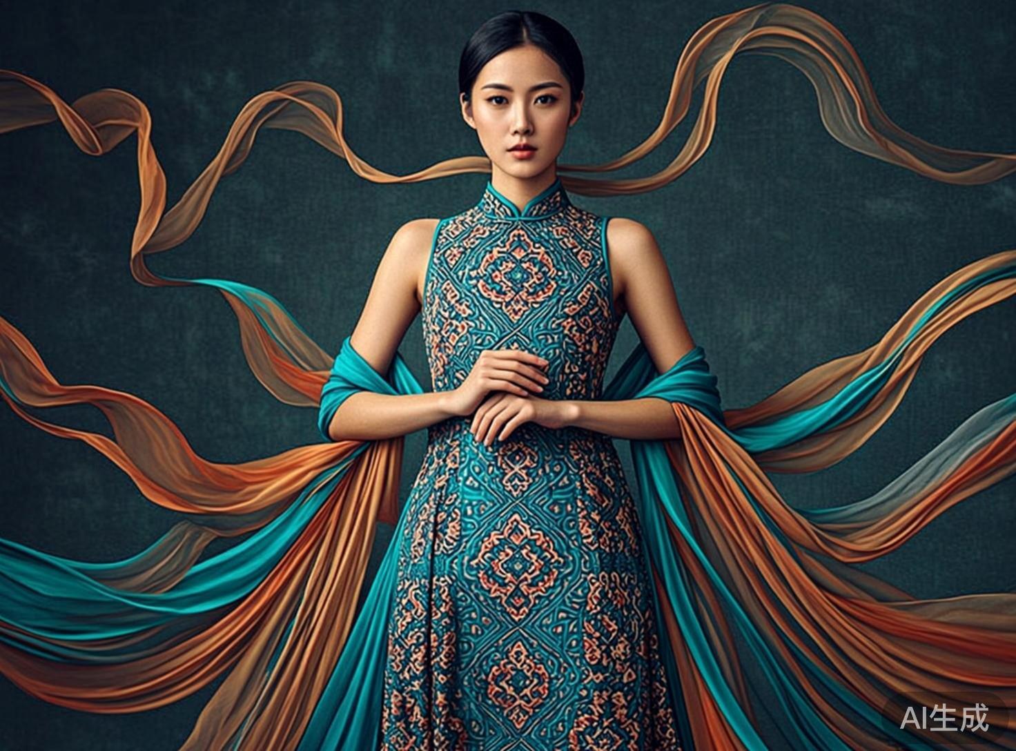 图中展示了一位面容清秀的亚洲女性，她正对镜头，神情端庄地站立在深灰绿色的纹理背景前。她穿着一件无袖的青蓝色旗袍，裙身布满了橙色与浅蓝色交织的几何民族风刺绣。她的双手交叠在腹部，多条橙色与青蓝色的半透明丝绸飘带从她的身体两侧及身后向四周轻盈飘散，营造出一种如敦煌壁画般灵动的飞天感。整体色调沉稳而不失华丽，构图均衡对称。在 AI 生成的细节方面，存在明显的逻辑缺陷：女性交叠的手部指节模糊且数量异常，看起来有些扭曲；背景中的丝绸飘带在连接处缺乏合理的物理支撑，仿佛直接从空气或手臂皮肤中生长出来；此外，右下角带有明显的“AI生成”字样，提示了图片的来源。