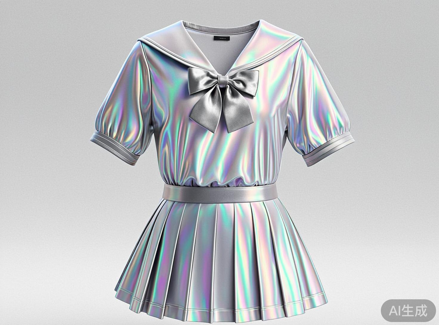 图中展示了一件极具未来感的女性水手服套装，背景为纯净的浅灰色。这套服装由短袖上衣和百褶短裙组成，材质呈现出强烈的金属质感和全息幻彩效果，在光线下闪烁着银色、淡紫色和青绿色的虹彩光泽。上衣领口为经典的V领水手领设计，胸前装饰有一个精致的银灰色大蝴蝶结；袖口带有收口设计，腰部由一条宽边腰带束起，下接整齐的百褶裙。构图上，服装呈正面居中悬空展示，仿佛穿在隐形模特身上。画面中存在明显的 AI 生成缺陷：领口内部的黑色标签模糊不清，无法辨认文字；右侧袖口与手臂空间的透视关系略显生硬；此外，裙摆最左侧的褶皱线条在边缘处出现了不自然的重叠与结构断裂，未能保持物理上的连贯性。