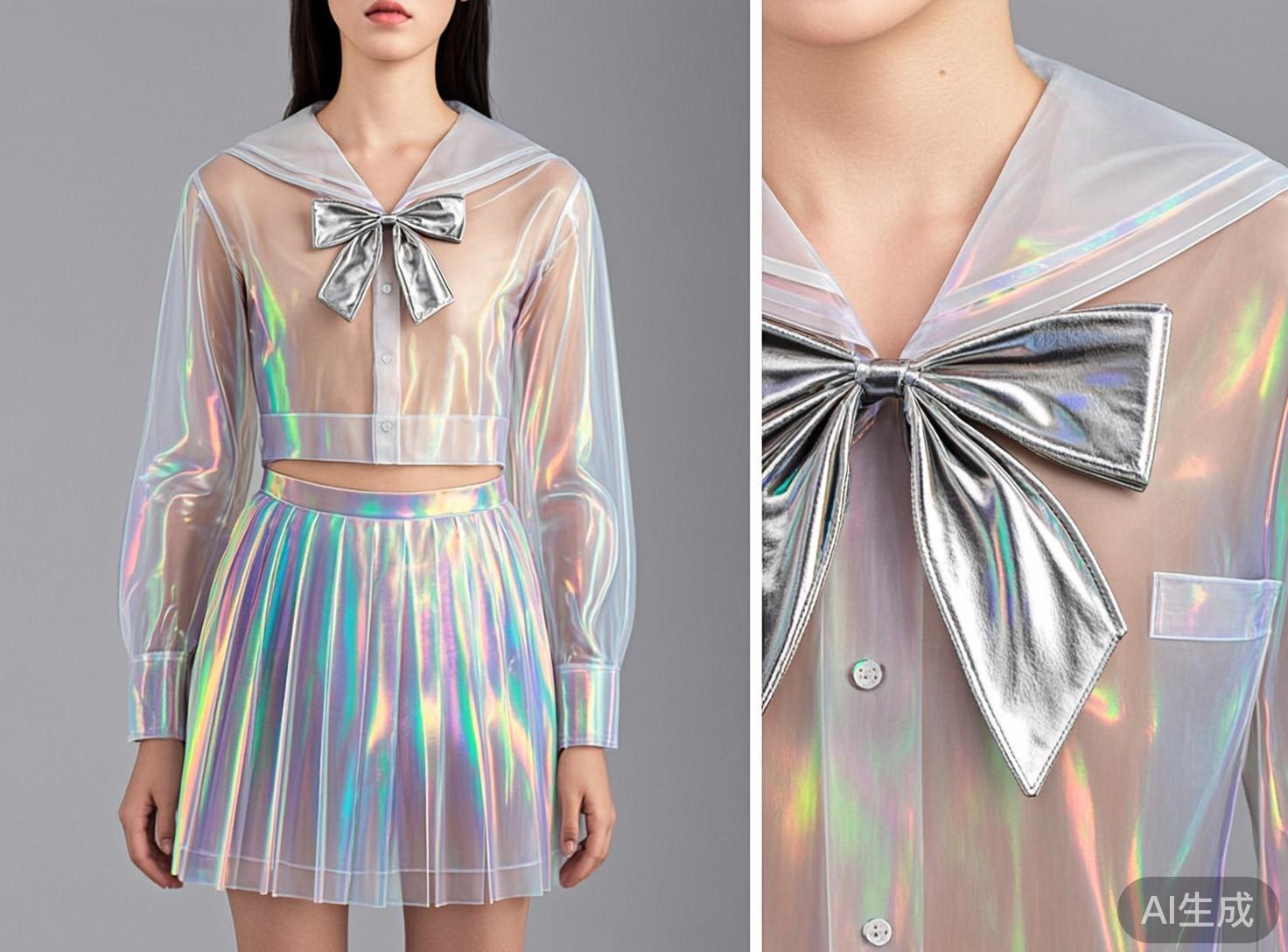 图中展示了一名女性模特穿着一套具有未来感的全息半透明水手服。画面分为左右两部分，左侧为模特从颈部到大腿的半身像，右侧为领口细节的放大特写。这套服装由半透明的PVC材质制成，表面闪烁着彩虹般的金属光泽，包含一件长袖短款上衣和一条百褶短裙。领口处系有一个巨大的银色金属质感蝴蝶结，上衣中间有透明纽扣。背景为纯净的浅灰色，构图简洁，强调服装的质感。

画面中存在明显的 AI 生成缺陷：首先，左侧图中模特的双手手指显得僵硬且比例失调，指尖形状模糊。其次，右侧特写图中的蝴蝶结结构逻辑混乱，左侧的结带与右侧明显不对称，且蝴蝶结中心与衣领的连接处显得生硬，缺乏真实的缝纫逻辑。此外，上衣的纽扣位置略显歪斜，与门襟的对齐不够精确。