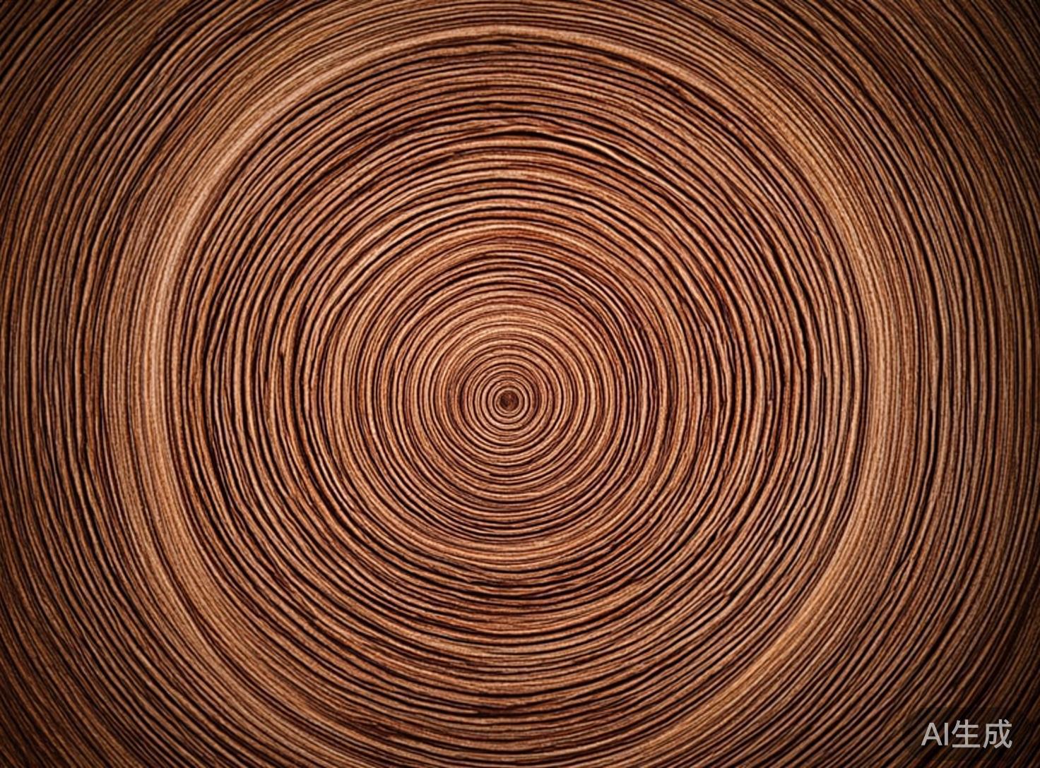 图中展示了一个充满画面的木材横截面，呈现出极其密集且规整的年轮纹理。整体色调为深棕色和红褐色，光线从中心向四周逐渐减弱，形成一种深邃的隧道感。这些圆环线条由中心的一个小圆点出发，层层向外扩散，纹路清晰且带有细微的木质纤维质感。构图上采用了中心对称的视角，给人一种强烈的视觉汇聚感。作为一张 AI 生成的图片，其明显的缺陷在于年轮的逻辑不符合自然生长规律：真实的树木年轮会有疏密变化、结节或不规则的形状，而画面中的圆环过于完美、机械且等距，更像是由电脑程序勾勒出的同心圆线条。此外，部分线条在边缘处出现了不自然的重叠和模糊，右下角还带有明显的“AI生成”白色水印。
