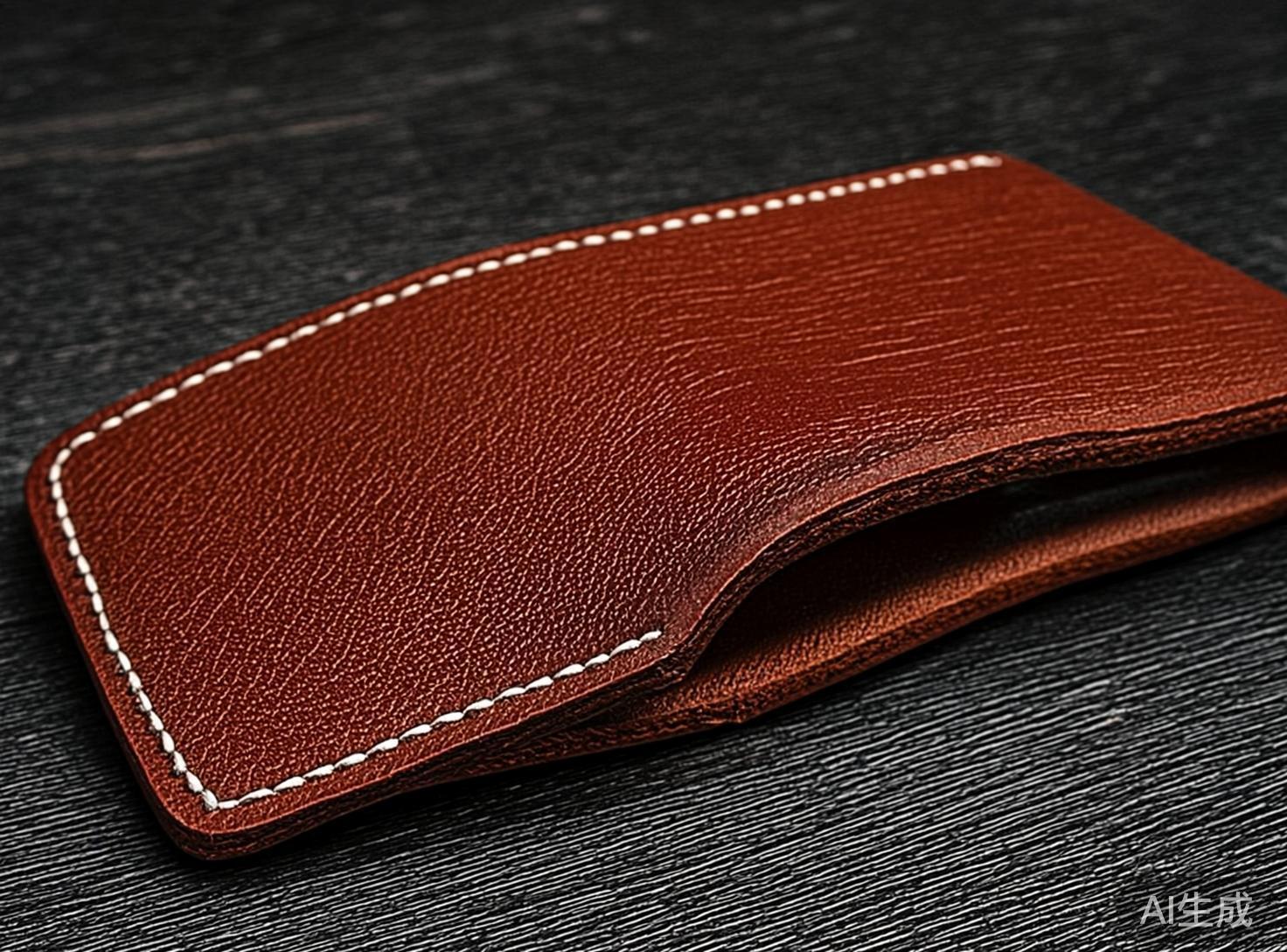 图中展示了一个放置在深色木纹桌面上的棕色皮革制品，看起来像是一个手工缝制的皮套或钱包。该物品呈现出红棕色的荔枝纹理，表面光泽自然，边缘装饰有明显的白色粗线缝迹。构图采用了斜侧方的近景视角，背景的木质纹理经过虚化处理，突出了主体的质感。然而，画面中存在明显的 AI 生成缺陷：该皮具的结构逻辑混乱，开口处呈现出一种不自然的扭曲和分层，内部空间似乎是实心的或相互穿插，完全不符合真实容器的物理构造。此外，左下角的白色缝线在转角处显得过于生硬，且右下角带有明显的“AI 生成”水印字样，整体透视感在开口部位显得模糊且不协调。