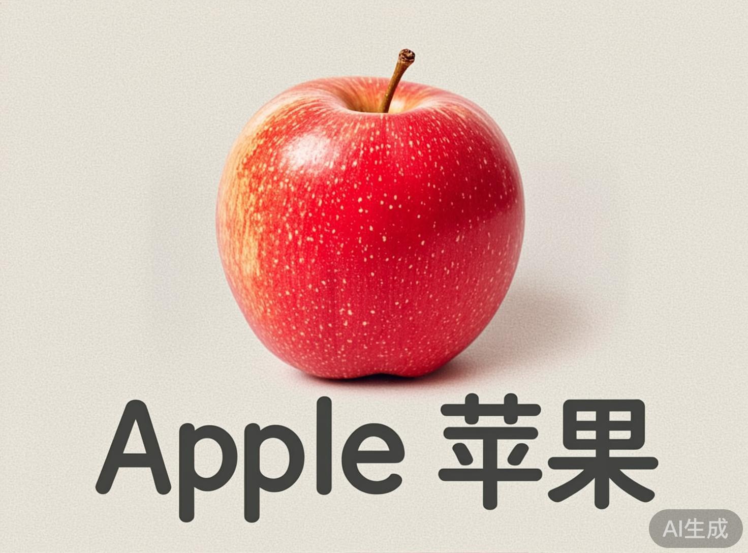 画面中展示了一个位于中心位置的红苹果，背景是干净的浅米色或灰白色。这个苹果呈现出鲜艳的红色，表面布满了细小的浅黄色斑点，左侧带有淡淡的黄绿色过渡，质感显得非常真实且饱满。苹果顶部有一根棕色的果柄，微微向右倾斜。在苹果的下方，排列着深灰色的文字，左边是英文单词“Apple”，右边是对应的中文“苹果”，字体圆润清晰。右下角有一个半透明的灰色胶囊状图标，里面写着“AI生成”字样。从 AI 生成的角度来看，这张图片的整体效果非常逼真，光影处理得当，苹果底部的阴影自然。不过，仔细观察可以发现，苹果表面的反光略显均匀，缺乏真实摄影中可能出现的复杂环境反射，且果柄与果肉连接处的凹陷纹理显得过于平滑，呈现出一种超现实的完美感。