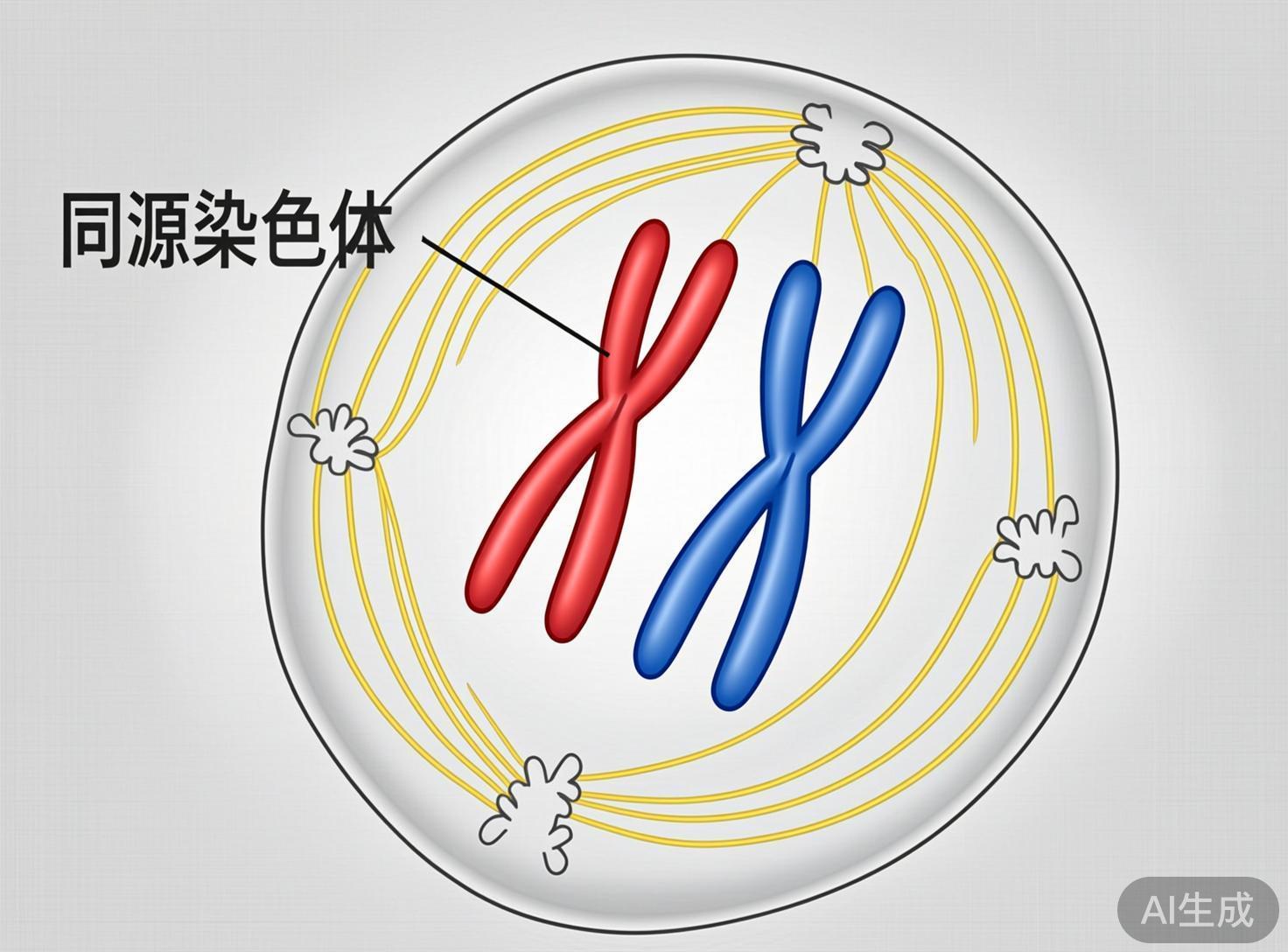 图中展示了一幅关于生物细胞分裂的示意图，背景为浅灰色。画面中央是一个巨大的圆形细胞，内部包含一对呈“X”形状的同源染色体，左侧为红色，右侧为蓝色，质感圆润且带有高光。染色体周围分布着数个黄色的云朵状结构（代表中心体），并引出许多细长的黄色弧线（代表纺锤丝）。画面左上角有黑色的简体中文标注“同源染色体”，并有一根黑线指向红色染色体；右下角带有灰色的“AI生成”水印。作为 AI 生成的图像，该图存在明显的科学逻辑缺陷：纺锤丝的分布非常混乱，并没有规律地连接在染色体的着丝点上，而是随意穿过染色体或在细胞内杂乱交织；中心体的位置也并非对称分布在两极，而是随机散落在细胞边缘，不符合真实的细胞生物学结构。