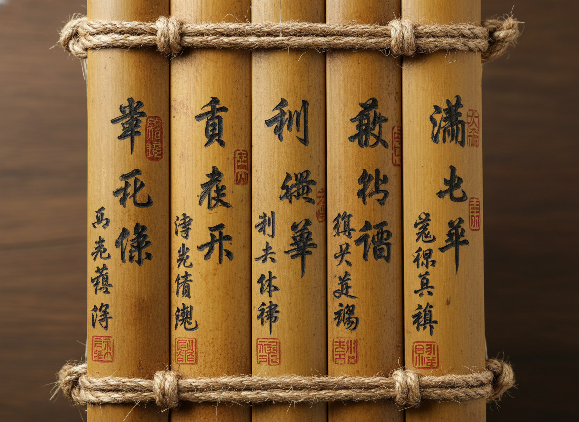 画面中展示了七枚并排摆放在深色木质桌面上的竹简，它们通过上下两端的麻绳串联在一起。竹简呈现出温暖的浅棕黄色，表面带有细腻的垂直竹纹。每枚竹简上都刻有黑色的繁体风格汉字，左侧第一枚竹简上还带有两个红色的方形印章。背景是模糊的木质纹理，光线柔和，营造出一种古朴的氛围。

然而，这张图片存在明显的 AI 生成缺陷。最突出的问题在于文字内容：虽然字形看起来像书法，但仔细观察会发现大部分字都是由随机笔画组成的“伪汉字”，无法实际阅读，缺乏真实的语义逻辑。此外，竹简顶部的麻绳连接处也存在透视和结构异常，绳结的穿过方式不符合物理常识，部分绳子仿佛直接从竹片内部生长出来，而非穿过真实的孔洞。左侧的红色印章边缘模糊，内部的篆刻纹样也只是杂乱的红点，不具备真实的印章细节。