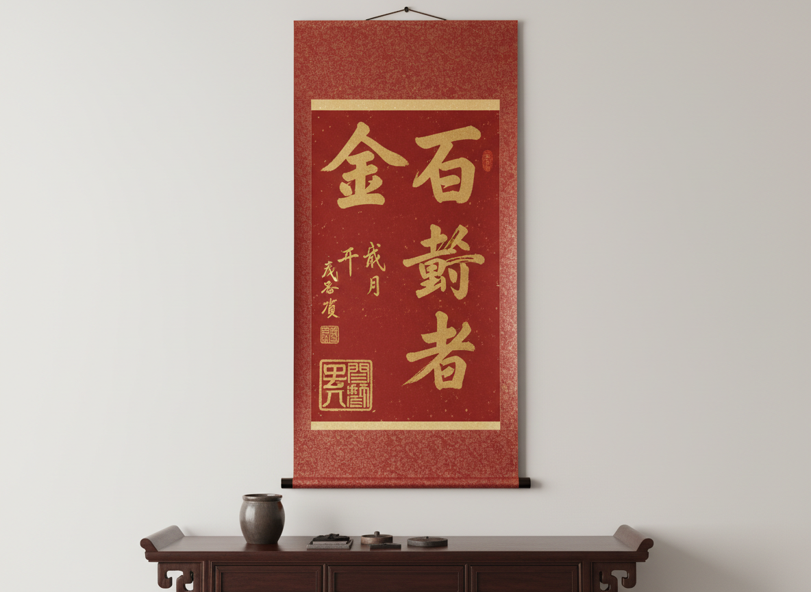 图中展示了一张竖版构图的书法作品，背景是一个充满古风气息的书房。画面中心是一张深红色的洒金宣纸，上面用金色墨水书写着三个苍劲有力的楷书大字“金石苛”。纸张表面有细腻的纹理和随机分布的金箔颗粒，右上角和左下角分别盖有红色的篆刻印章，左侧还有两行较小的行书落款。背景处可以看到深色的木质书架、瓷器摆件以及一张摆放着镇纸和卷轴的案几，整体色调古朴典雅。

在 AI 生成的细节方面，存在明显的文字和逻辑缺陷。首先，中心的大字“金石苛”在语义上并不通顺，疑似是 AI 误解了“金石为开”或“金石之交”等词汇。左下角的落款文字结构混乱，无法辨认具体汉字，且红色的方印内部笔画扭曲，不符合真实的篆刻逻辑。此外，背景左右两侧的书架和桌案虽然对称，但边缘衔接处略显生硬，缺乏真实的光影过渡。