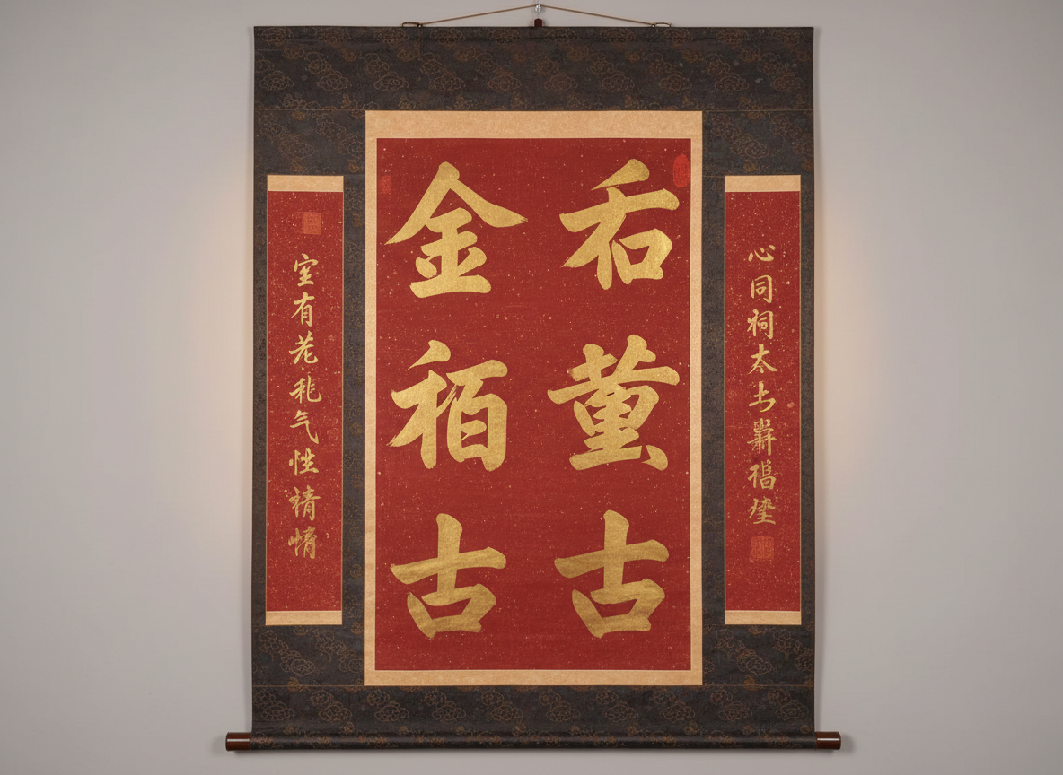 图中展示了一个古色古香的室内场景，背景是模糊处理的中式书房，隐约可见深木色的书柜和圈椅。画面的主体是悬挂在正中央的三幅红色书法卷轴。卷轴采用了暗红色的花纹绫布装裱，中心为鲜红色的宣纸，上面书写着金色的行楷字体。整体色调沉稳，呈现出浓厚的传统文化氛围。

然而，画面中存在明显的 AI 生成缺陷。最显著的是卷轴上的文字，虽然笔画看起来像汉字，但实际上大多是无法辨认的“伪汉字”，结构混乱且没有实际意义。此外，三幅卷轴的悬挂逻辑也存在异常：它们共用了一根极长的底杆，且顶部的挂绳与天花板的连接方式生硬，缺乏物理真实感。背景中的家具线条在模糊中略显扭曲，书架上的物件形状也较为模糊，无法分辨具体细节。