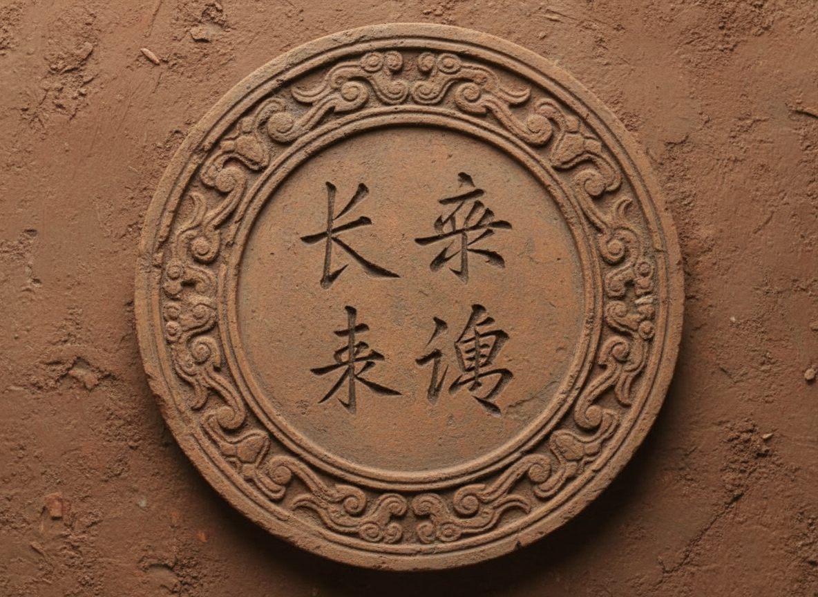 画面中展示了一个圆形陶质瓦当或装饰圆盘，平铺在粗糙的红褐色泥土背景上。圆盘整体呈现出古朴的陶土色泽，边缘有一圈精美的云纹或卷草纹浮雕，构图居中且对称。圆盘中心刻有四个汉字，排列为两行两列。然而，作为 AI 生成的图像，文字部分存在明显的逻辑缺陷：左侧两个字勉强可以辨认为“长”和“来”，但笔画结构生硬；右侧两个字则是完全错误的伪汉字，由杂乱的笔画堆砌而成，无法实际阅读。此外，圆盘边缘的雕刻纹路在精细度上略显不均，部分纹样在衔接处显得模糊或逻辑断裂。整体光影柔和，模拟了自然光照射在泥土表面的质感，营造出一种考古出土文物的视觉氛围。