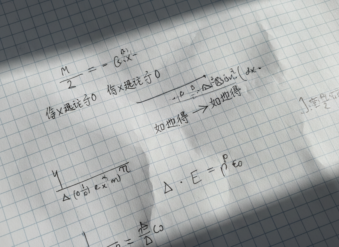 画面中展示了一个学习或办公的近景桌面。主体是一张带有浅色方格的米黄色纸张，纸面布满了明显的褶皱，上面有用黑色水笔书写的文字、数学公式和坐标系草图。背景中，左上方有一本翻开的厚书，右上方露出了计算器的一部分按键。整体色调偏暖，光线柔和，营造出一种勤奋钻研的氛围。

然而，这张图片存在明显的 AI 生成缺陷。首先，纸上的文字虽然看起来像汉字，但大多是无法辨认的“伪汉字”，结构扭曲且没有实际意义，例如“导粉”、“现记力”等词组显得生造且逻辑不通。其次，数学公式的逻辑完全错误，括号嵌套异常，坐标轴上的标注也模糊不清。此外，背景中书本的文字呈现为模糊的线条，计算器的按键布局和边缘线条也显得不够严谨。这些细节揭示了画面是由人工智能模拟生成的，而非真实拍摄。