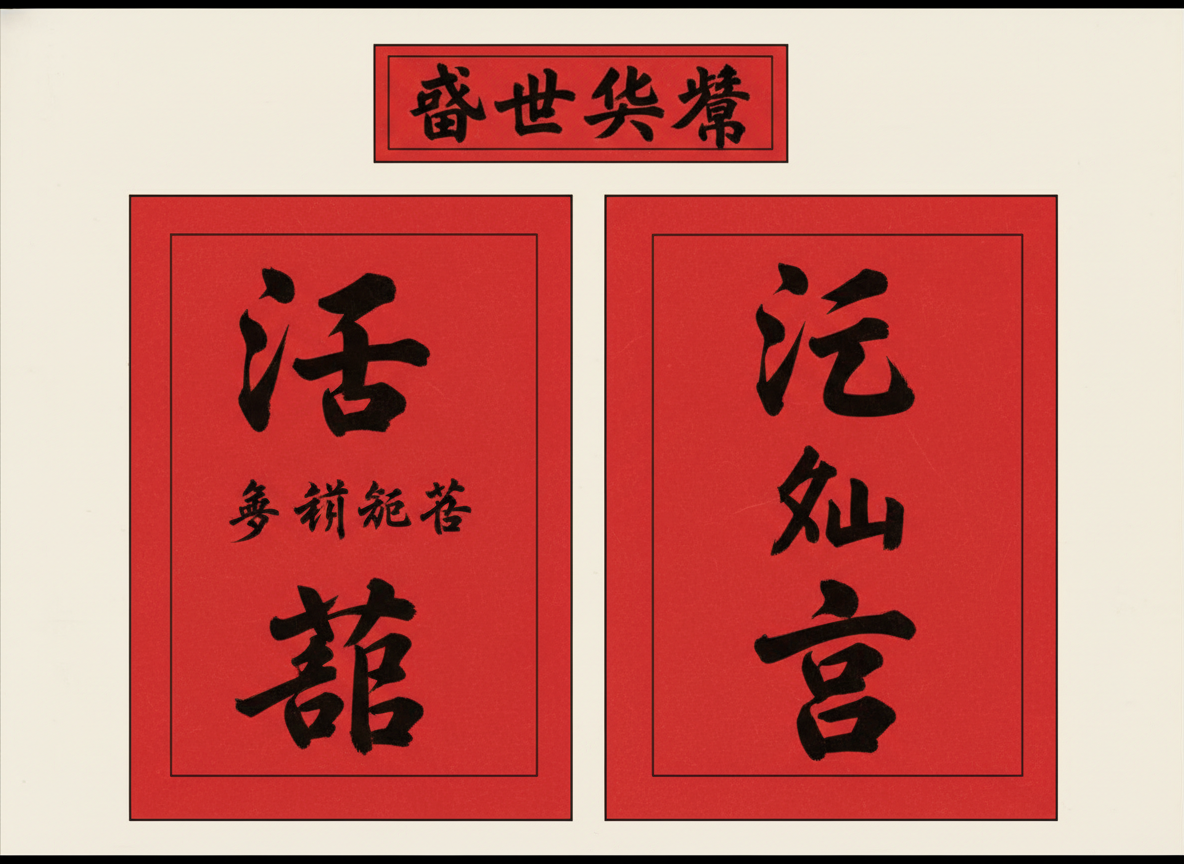 图中展示了一张具有中国传统风格的红色背景海报。画面构图规整，上方是一个横向的金色细线边框，下方并列排布着三个纵向的金色细线边框。背景采用深红色，四角带有简约的金色中式回纹装饰。画面中央分布着黑色的毛笔书法字体，整体色调呈现出喜庆、庄重的氛围。

然而，作为一张 AI 生成的图片，其中的文字存在明显的逻辑错误和形体缺陷。上方的横排文字依稀可辨认出“盛世”二字，但后两个字结构杂乱，并非标准汉字。下方的三列纵排文字同样存在严重问题：虽然笔画模仿了书法的韵味，但大多数字符是由偏旁部首随机组合而成的“伪汉字”，无法正常阅读。例如，左侧一列的文字结构扭曲，中间和右侧两列出现了重复且无意义的符号堆砌。此外，金色边框的线条在连接处略显生硬，缺乏真实印刷品的细腻质感。