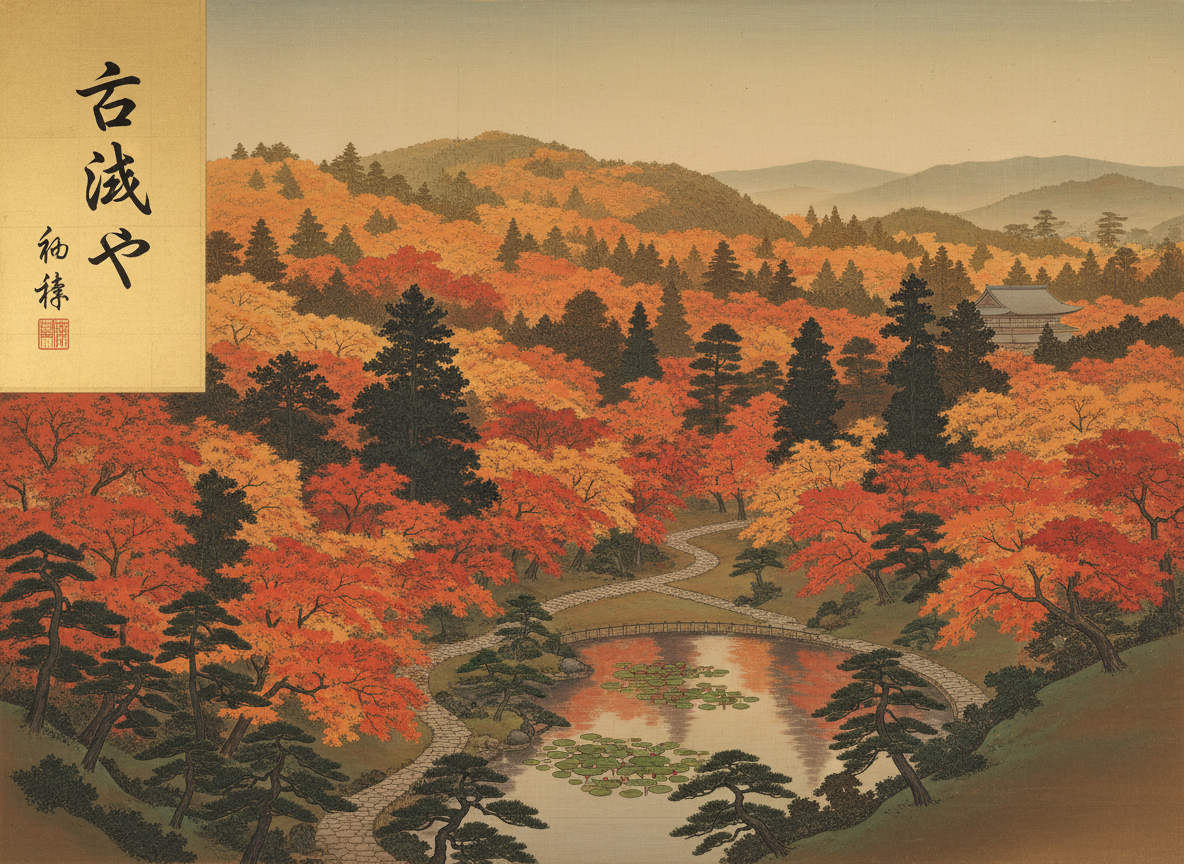 画面中呈现了一幅仿日本浮世绘风格的秋季山水画。构图以层叠的群山为背景，漫山遍野覆盖着橙红、金黄与深绿交织的枫林，色彩浓郁且富有装饰感。画面中心偏下处有一个静谧的池塘，水面漂浮着几簇睡莲，倒映着秋色。一条蜿蜒的石径穿过林间，环绕池塘并延伸向远方。右侧林间隐约露出一座传统日式建筑的屋顶。左上角有一块淡金色的长方形区域，书写着黑色书法字体并盖有红色印章。

在 AI 生成的细节方面，存在一些明显的逻辑缺陷：画面中部的石径在交汇处结构模糊，线条衔接不自然；池塘边缘的石块分布过于均匀且缺乏透视深度；左上角的书法文字虽然形似汉字或假名，但实际上是无法辨认的虚构符号，缺乏真实的笔画逻辑。此外，远景山峦的线条过于平滑，与前景细碎的树叶纹理在风格统一性上略显生硬。