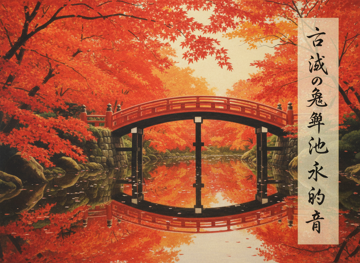 图中描绘了一幅充满禅意的日式秋景，呈现出浮世绘般的艺术风格。画面中心是一座朱红色的木制拱桥，横跨在平静的水面上，桥身与水中的倒影构成了一个完美的椭圆形。四周环绕着层层叠叠的枫树，枫叶呈现出浓郁的火红色和橙色，色彩极其绚烂。右侧有一条半透明的白色竖幅，上面写着黑色的书法字体。

在 AI 生成的细节方面，存在明显的逻辑缺陷：首先，拱桥下方的黑色支撑柱在水中没有对应的完整倒影，且支撑柱的结构显得生硬，与桥身的连接不符合物理透视。其次，右侧的书法文字包含了一些无法辨认的伪汉字和错误的日文语法，属于典型的 AI 乱码现象。此外，水面的波纹与落叶的分布略显机械重复，缺乏自然随机感。整体色调偏向复古的暖黄色，营造出一种宁静但略显超现实的氛围。