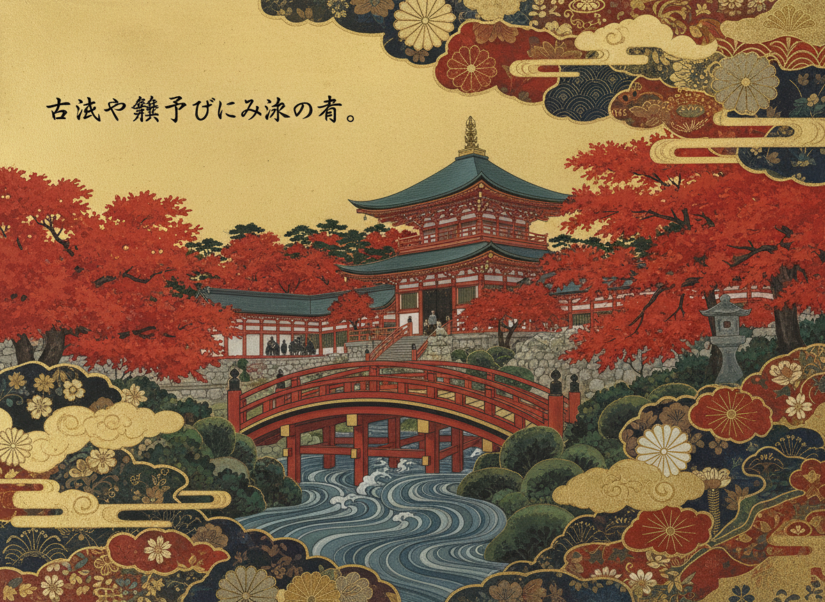 图中展现了一幅具有浓郁日本浮世绘风格的秋季景观。画面中心是一座宏伟的朱红色多层阁楼建筑，青瓦屋顶，坐落在石基之上。建筑前方横跨着一座红色木质拱桥，桥下流水潺潺，波浪纹理细腻。四周环绕着火红的枫树，色彩鲜艳夺目。画面的四个角落点缀着华丽的金色云纹、菊花图案和传统和风底纹，营造出一种古典屏风的装饰感。左上方有一行黑色书法字体，模拟日文。在 AI 生成的细节方面，左上角的文字并非真实的日文，而是由杂乱的笔画组合而成的伪字符，无法阅读；此外，拱桥下方的支撑结构与水面的连接处透视略显生硬，部分装饰性的云纹边缘与背景枫叶的融合也存在不够自然的情况，但整体构图和谐，色彩极具视觉冲击力。